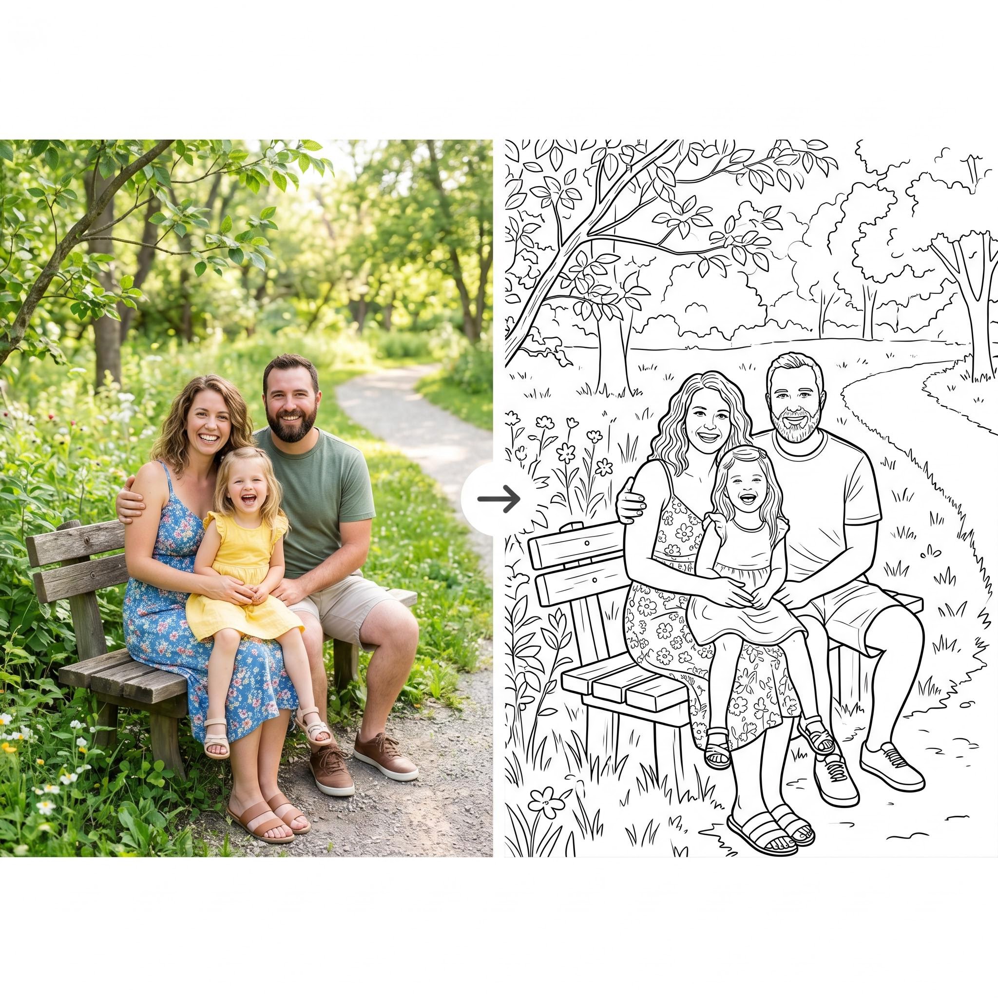Family portrait turned into a coloring page as black and white line art illustration