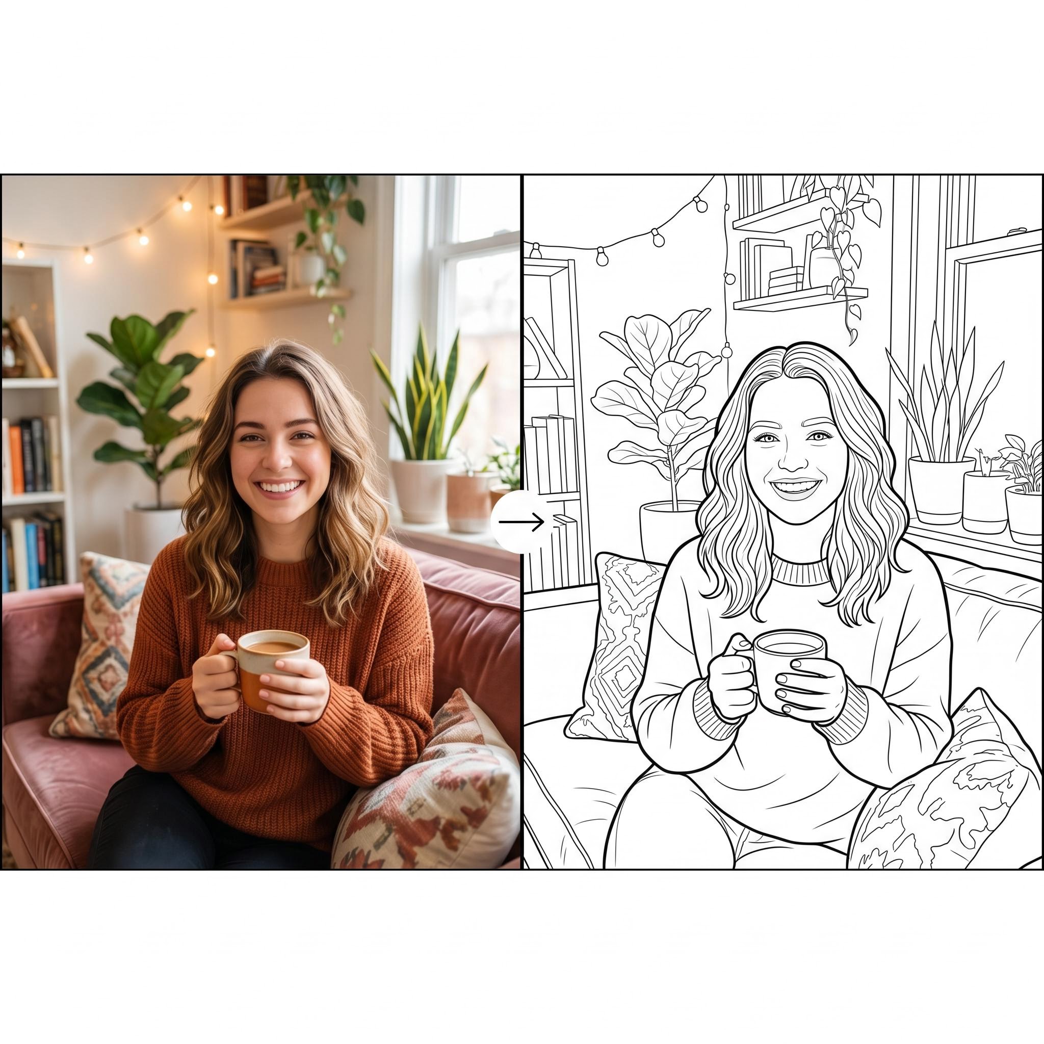 Portrait photo converted into a coloring page as a personalized gift idea