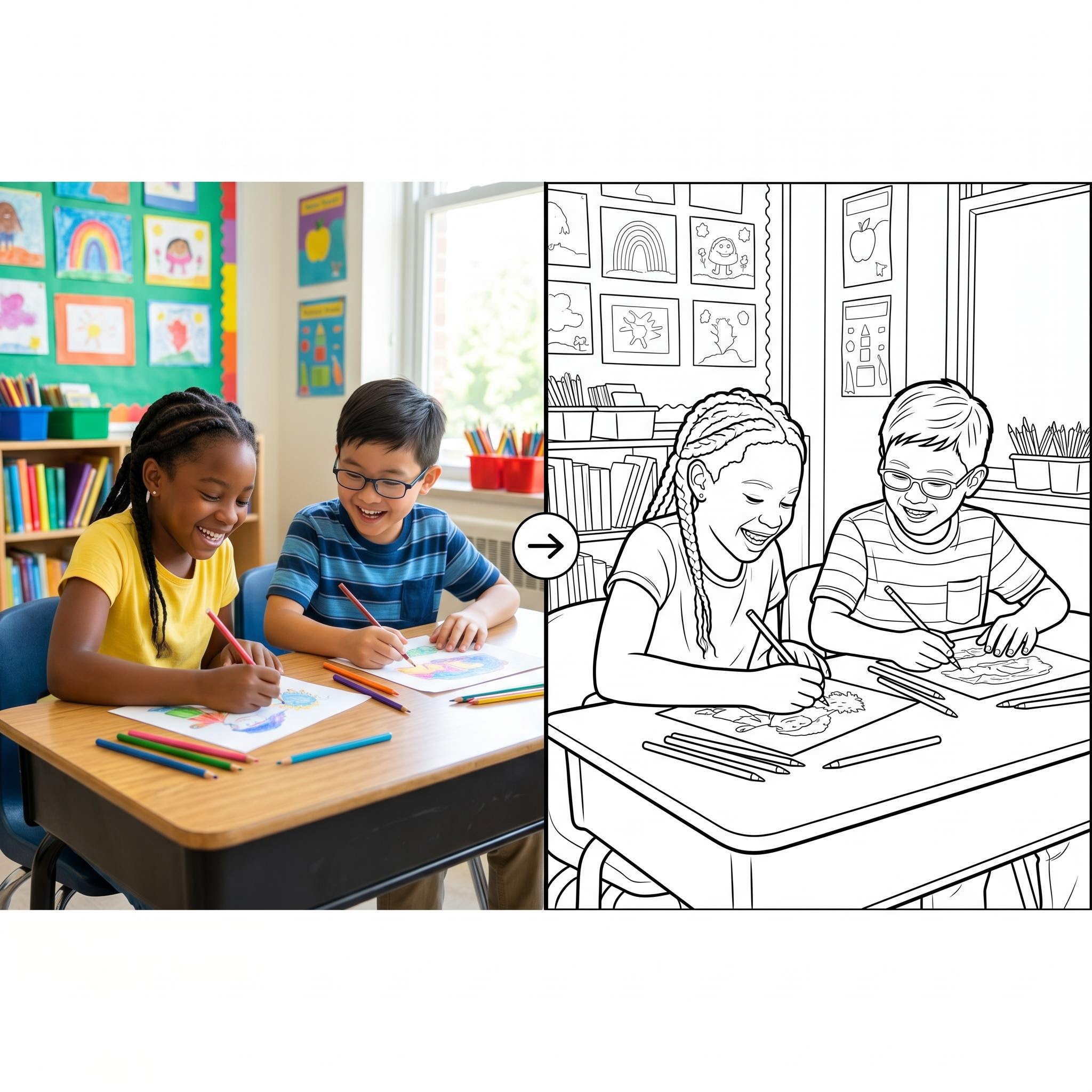 Child's drawing turned into a clean coloring page with bold outlines