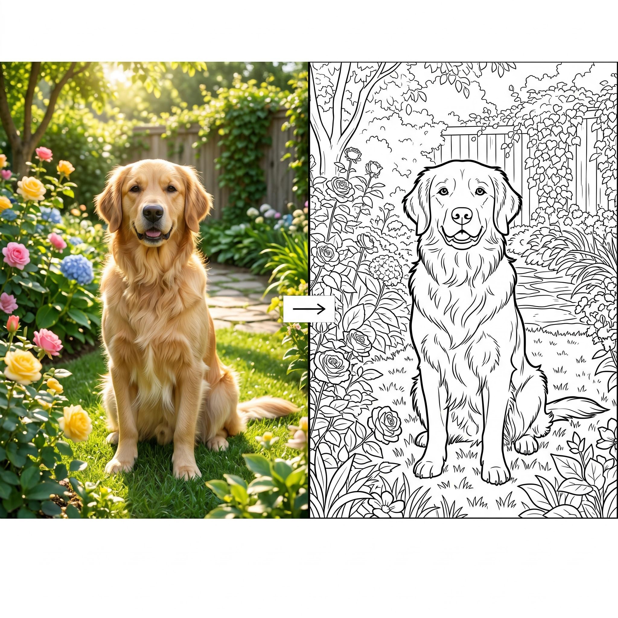 Pet photo turned into a coloring page showing a dog as clean black and white line art