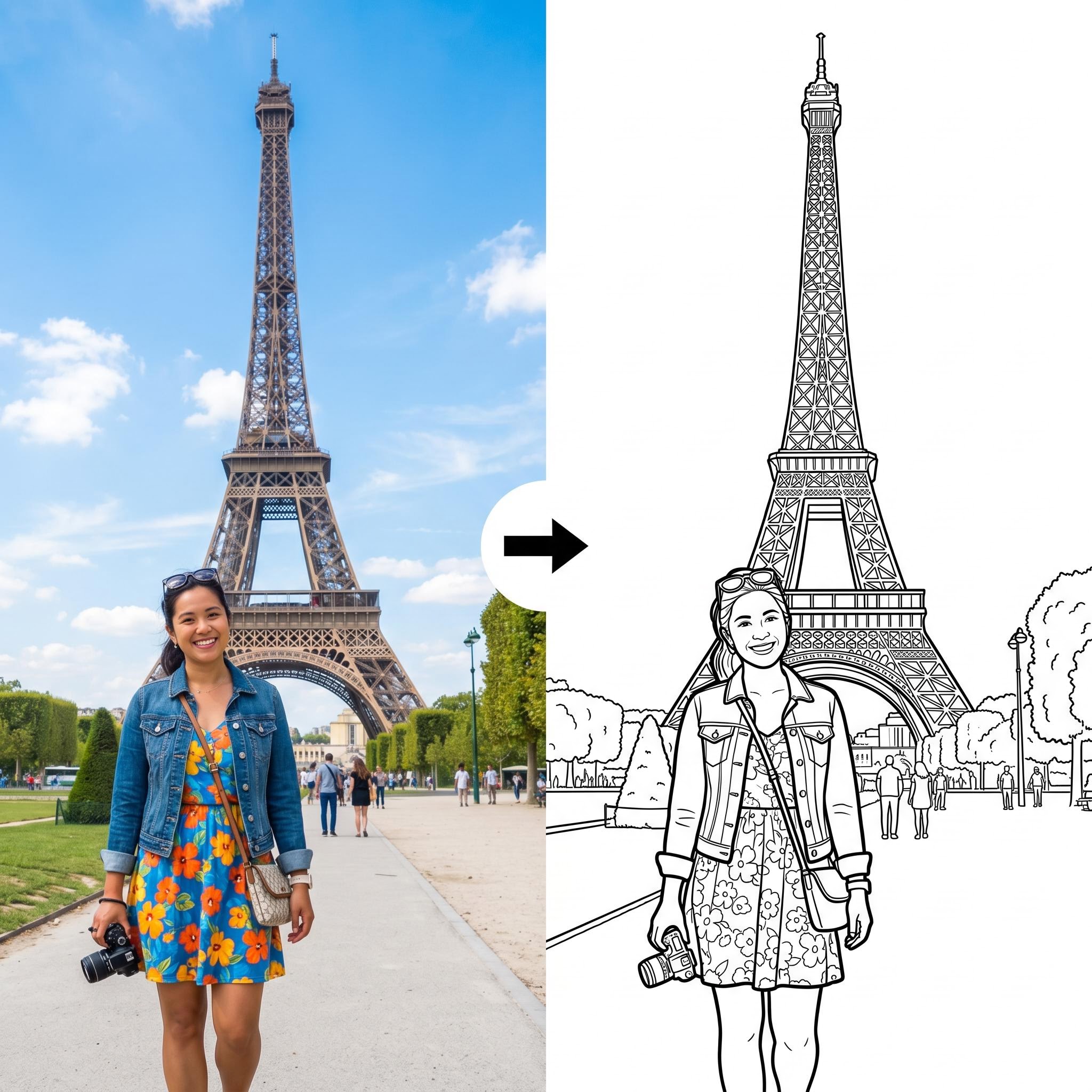 Travel photo of a landmark turned into a coloring page illustration
