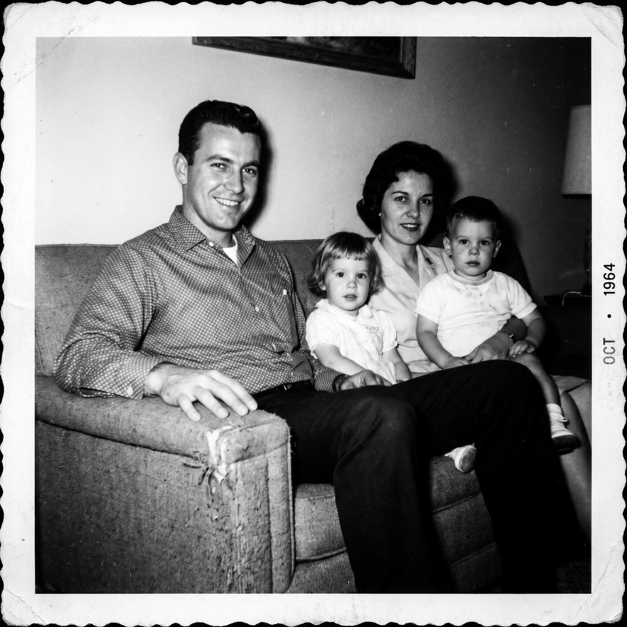 Black and white photo of dad before AI colorization