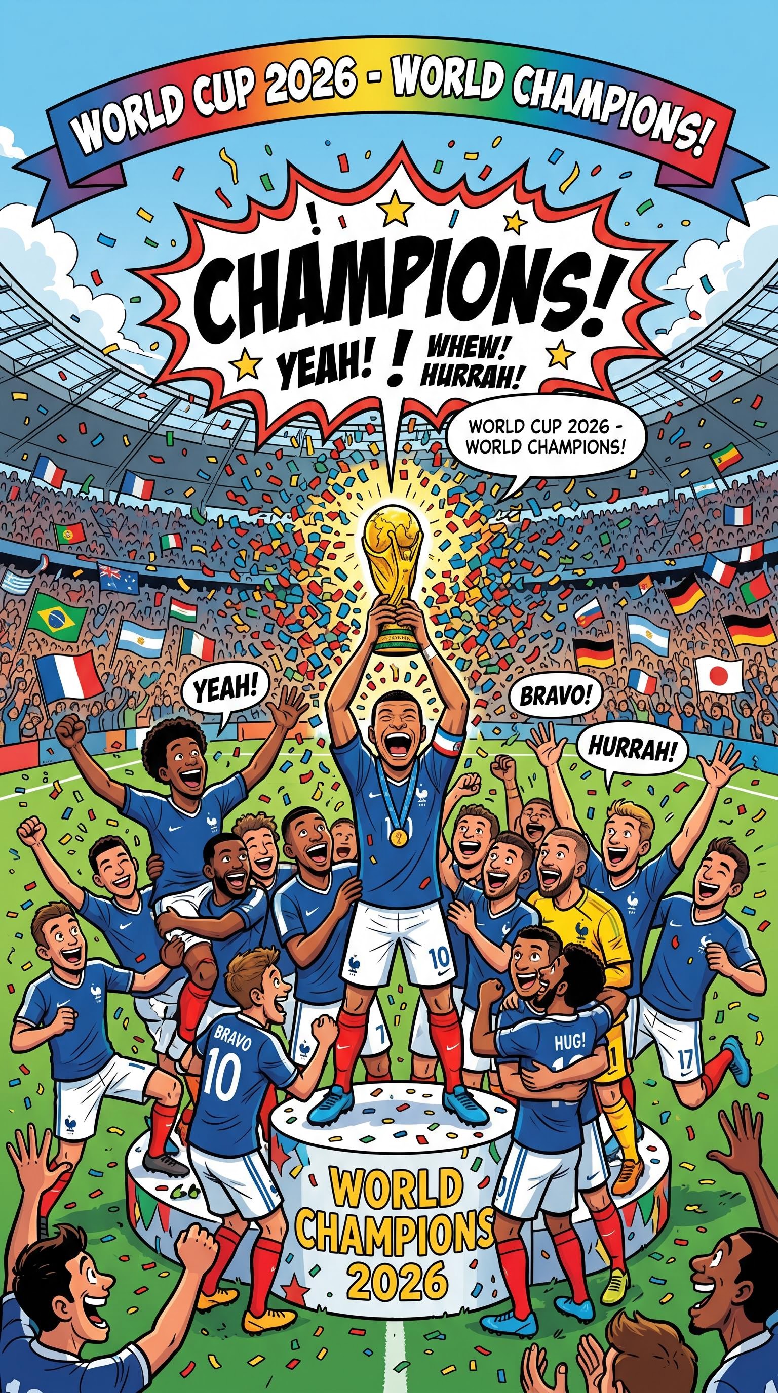 Comic book illustration of the World Cup trophy presentation, AI generated