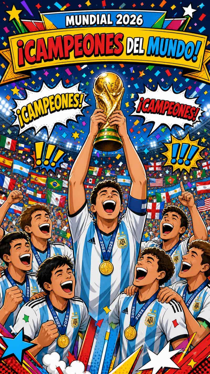 Ilustración estilo cómic de la entrega del trofeo en la final del Mundial 2026, generada con IA