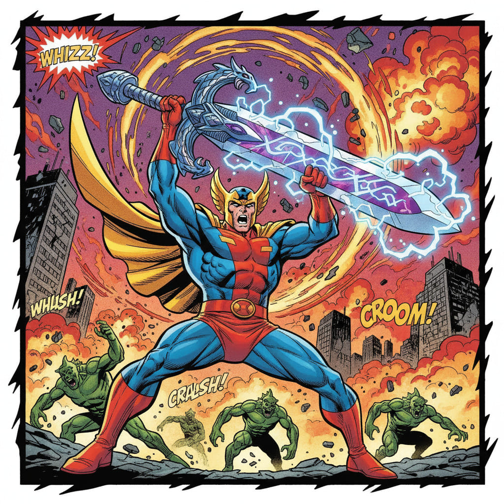KI-Bild eines Comic-Helden mit übergroßem Schwert