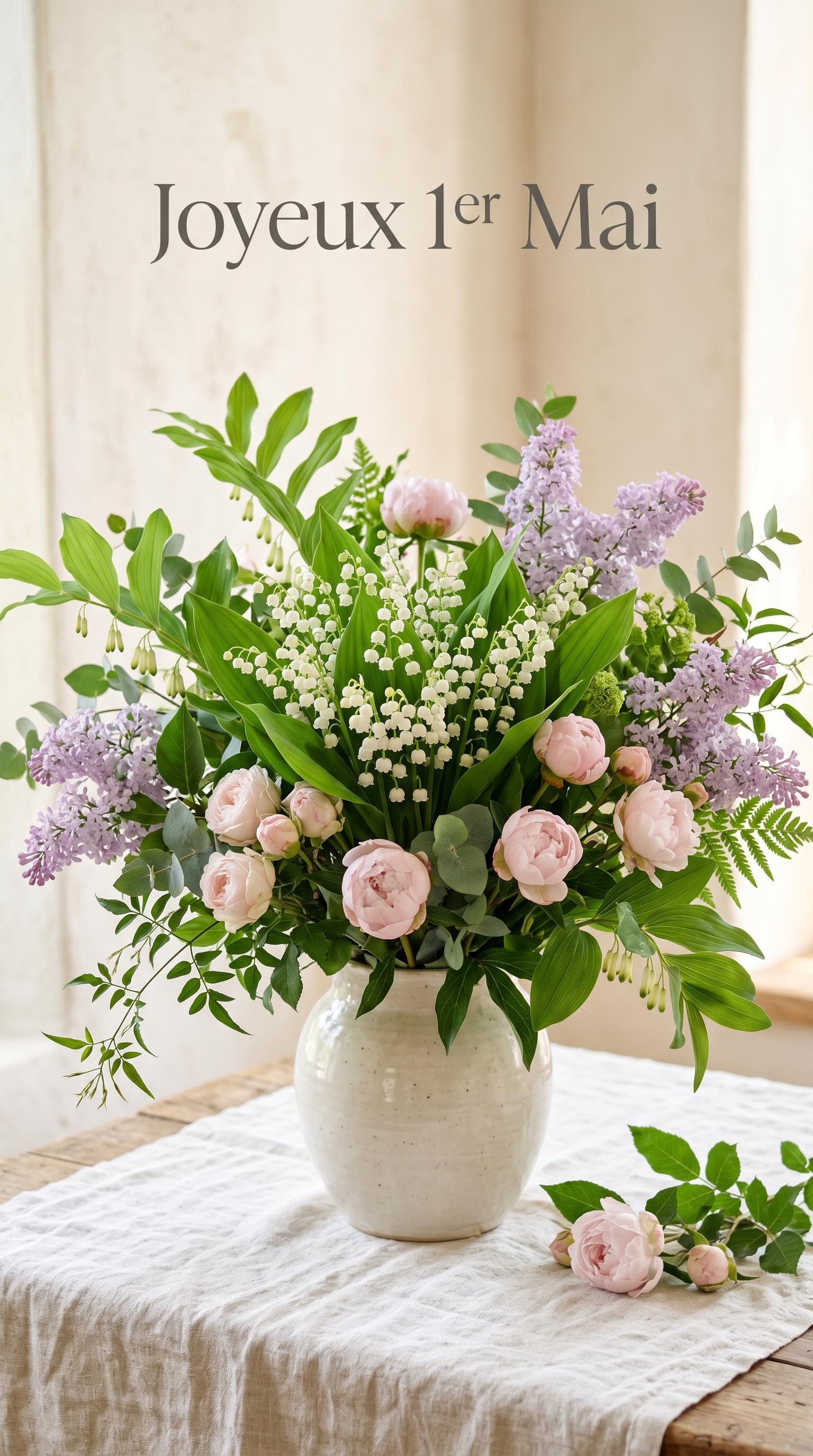 Composition florale de muguet et fleurs printanières pour le 1er mai, générée par IA