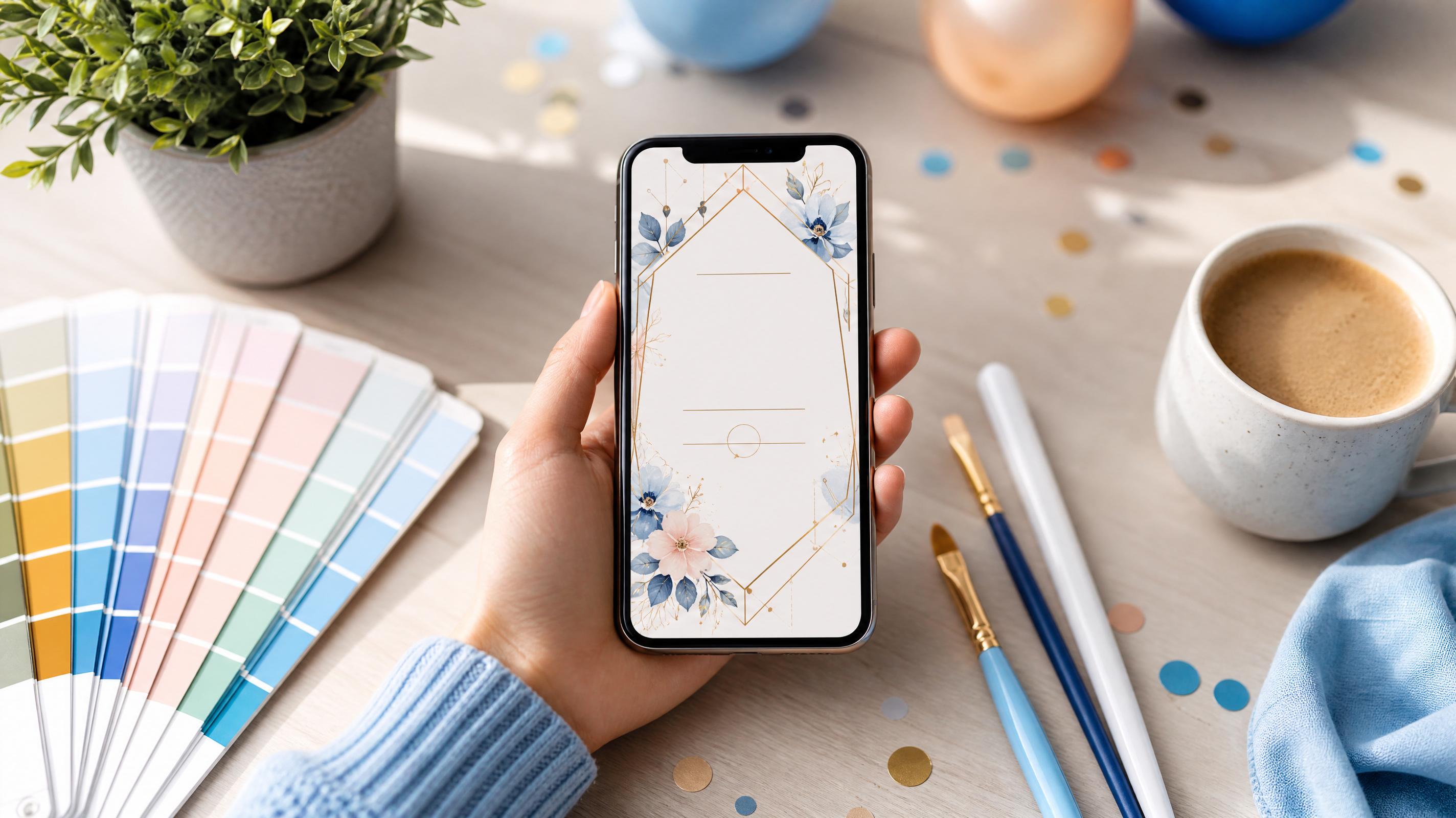 Espacio de trabajo creativo con un smartphone mostrando el diseño de una invitación digital y una paleta de colores