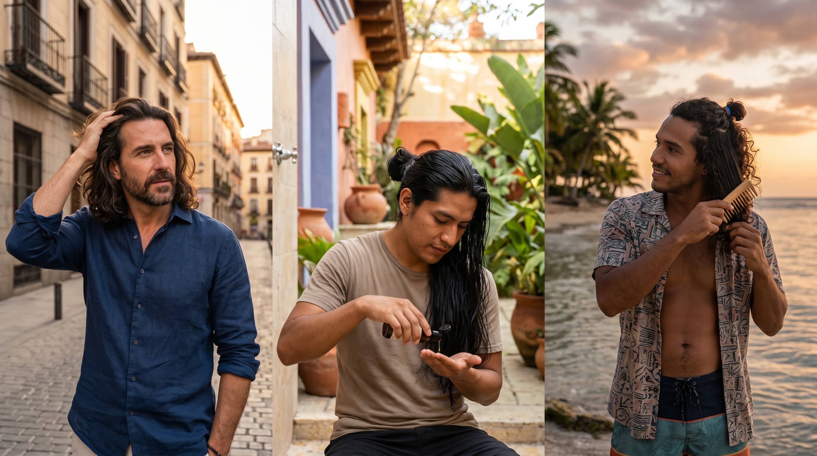 Ejemplos de hombres dándole mantenimiento a su cabello largo