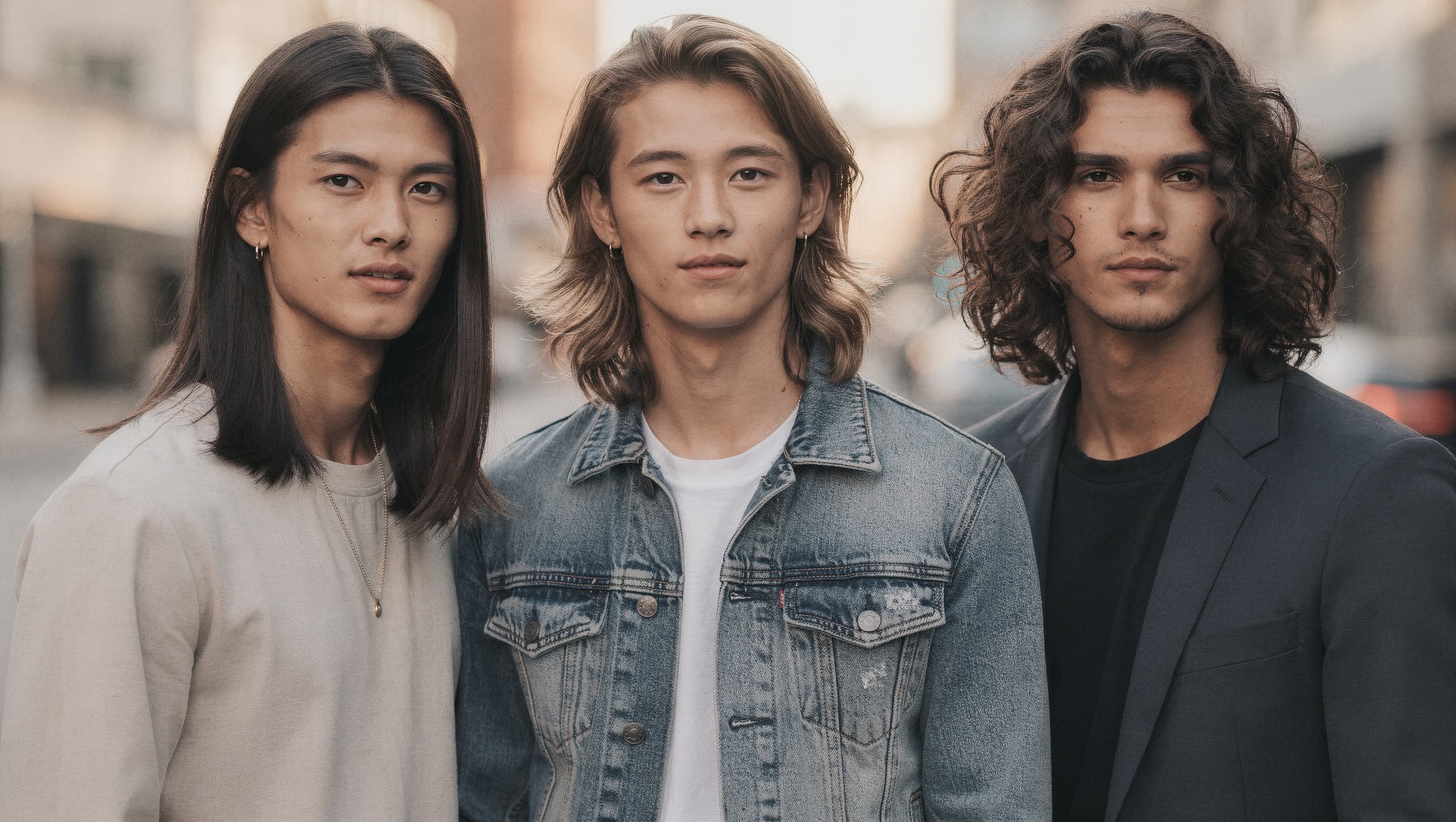 Tres modelos exhibiendo diferentes cortes de pelo largo para hombres