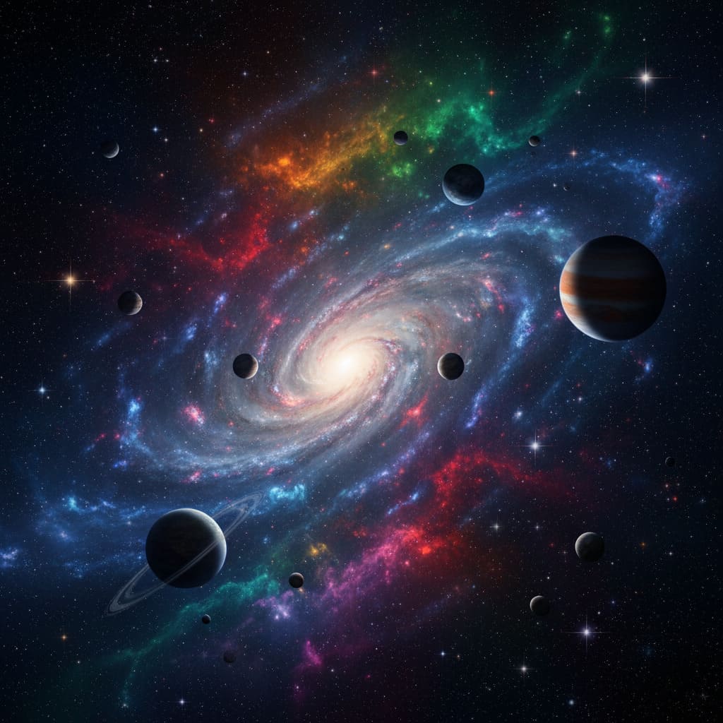Galaxie Cosmique avec Planètes et Nébuleuses