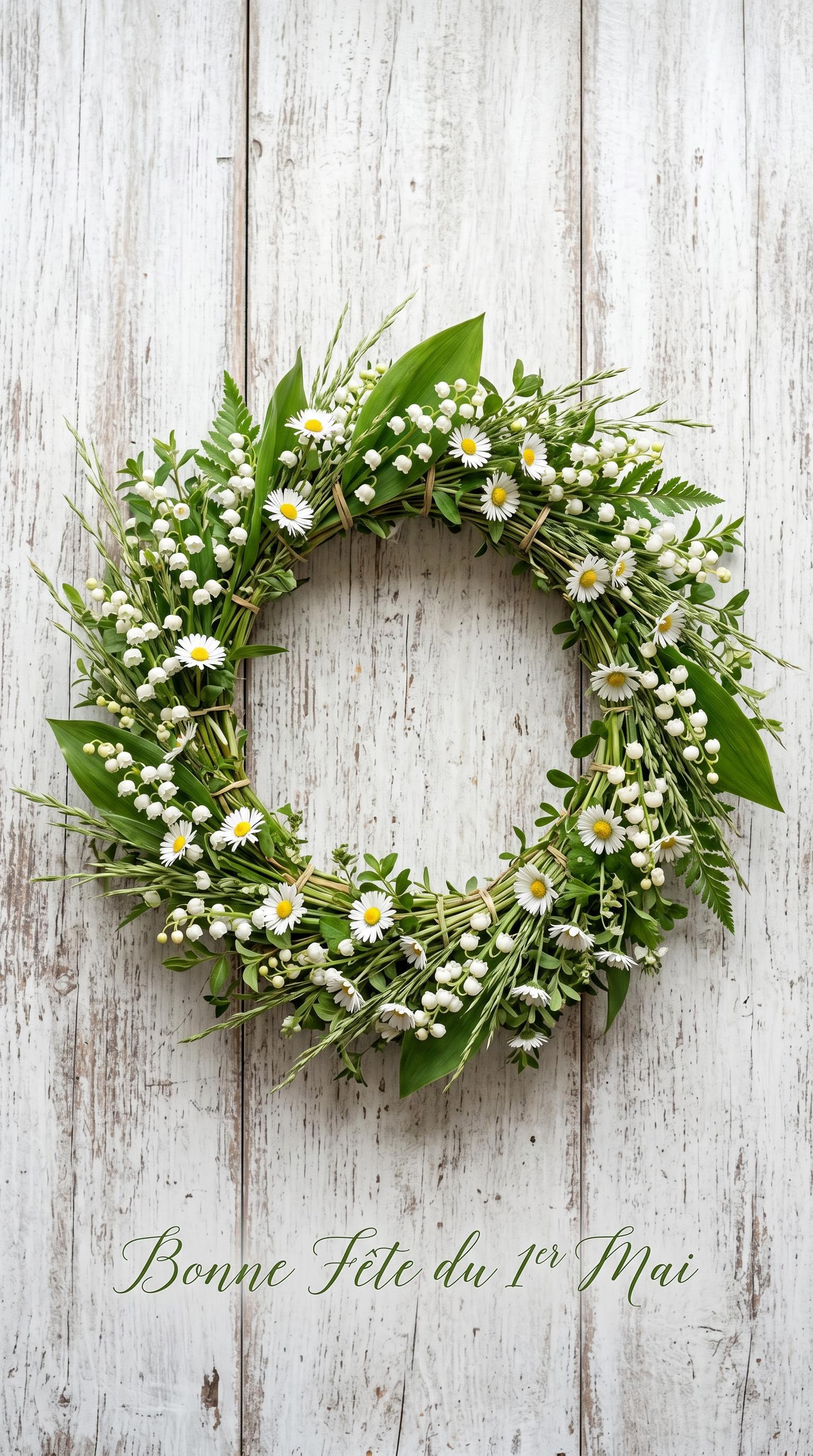 Couronne de muguet et fleurs des champs pour le 1er mai, générée par IA