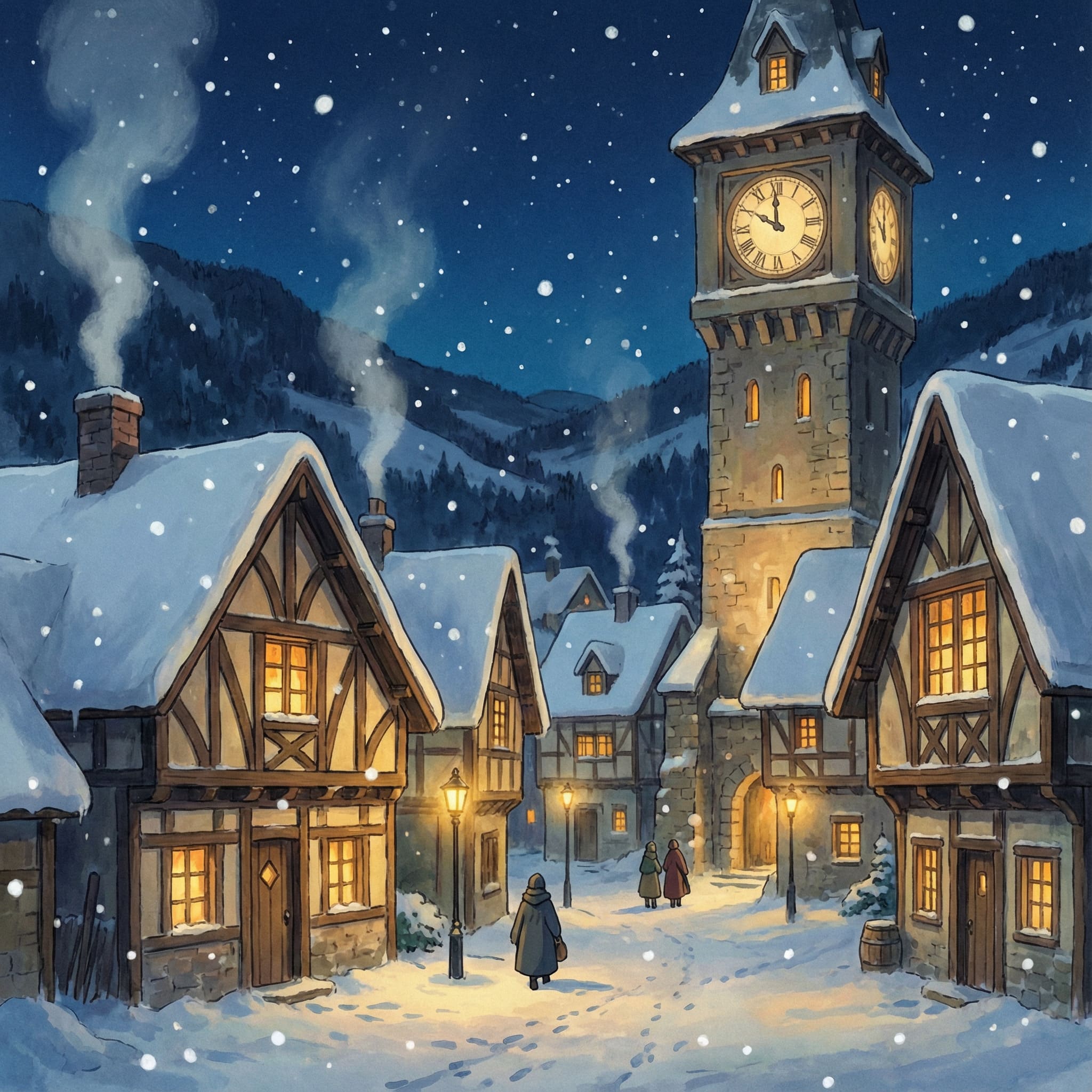 Cozy winter village night AI-generated illustration