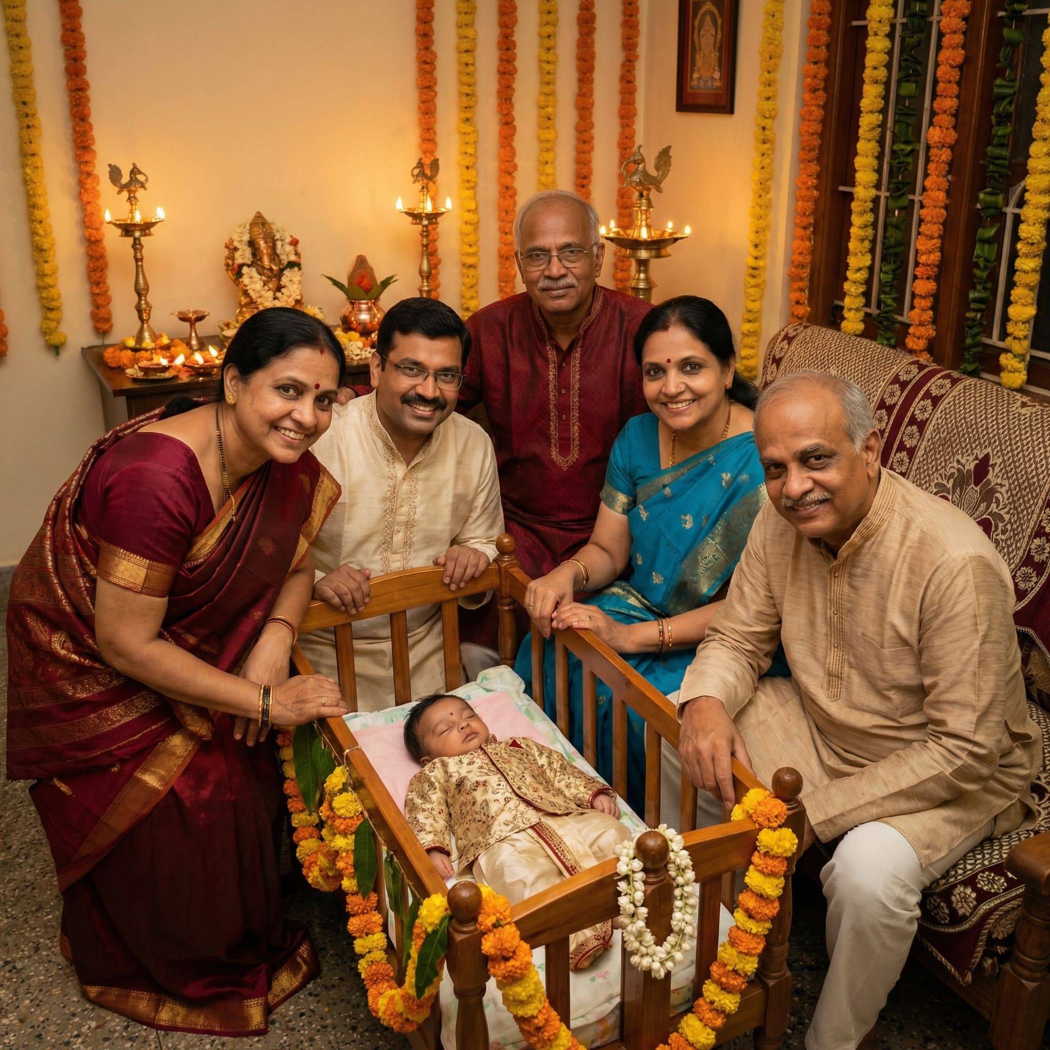 AI-generated Indian cradle ceremony family portrait