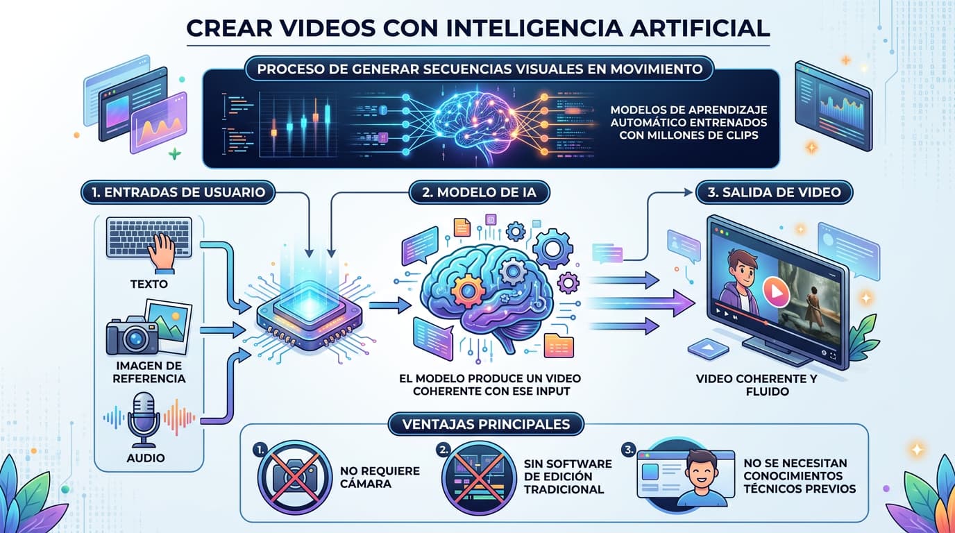 Infografía que muestra cómo funciona la IA para generar videos