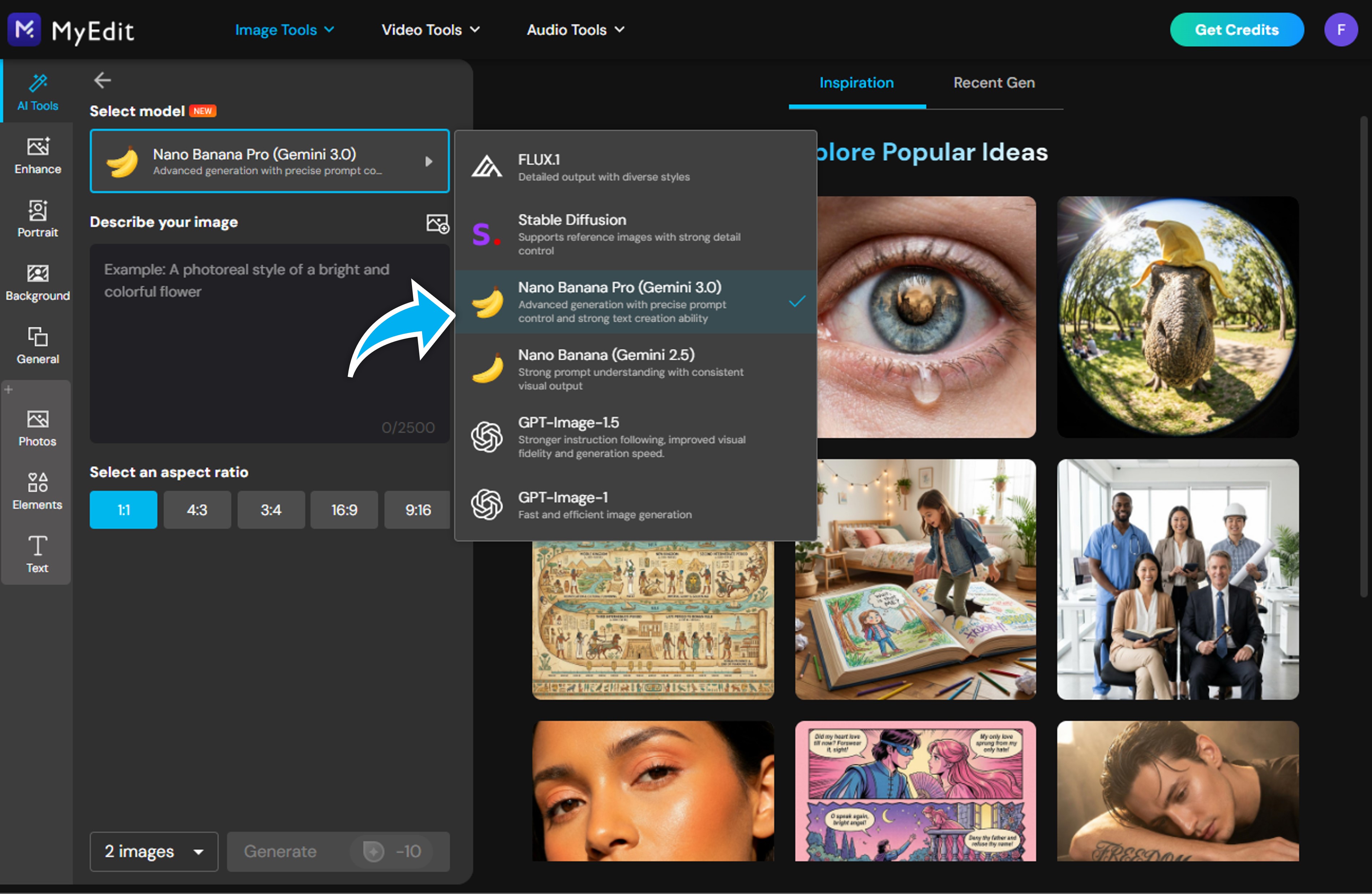 Select Nano Banana Pro model in MyEdit