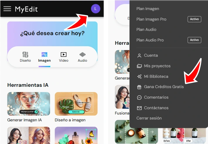 Proceso para obtener créditos gratis en MyEdit
