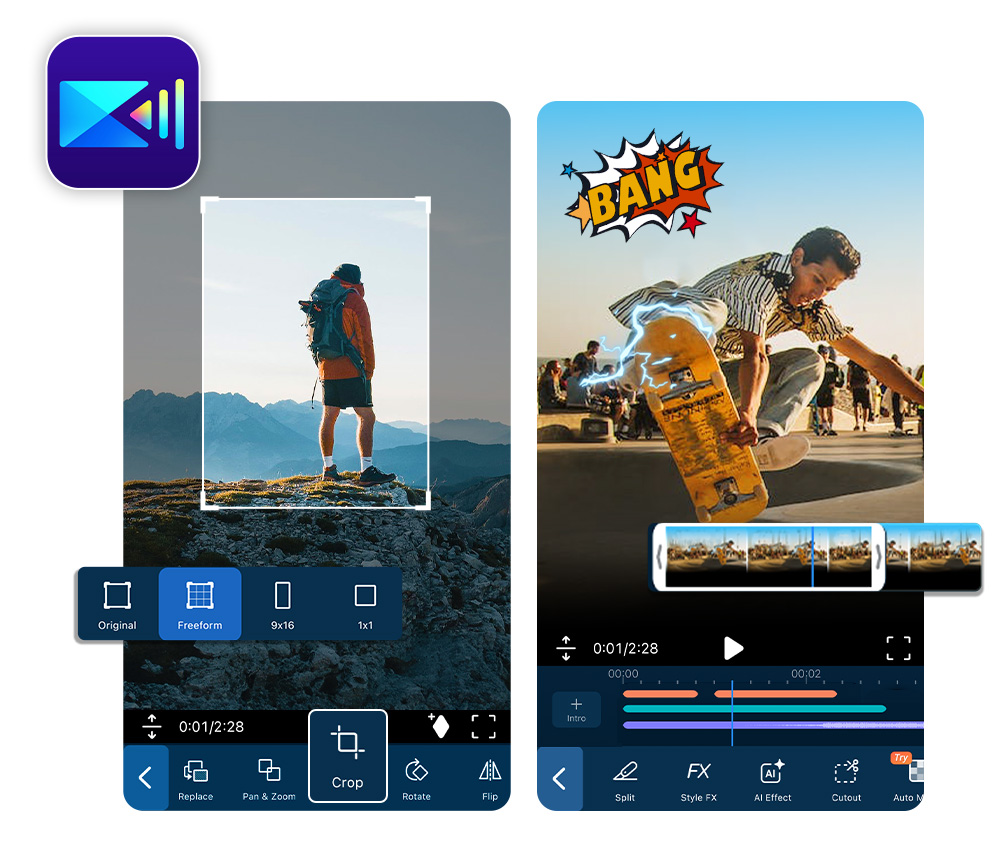 demonstrate PowerDirector's crop feature with a man standing on the mountain footage and trim video feature with a guy playing skater board footage