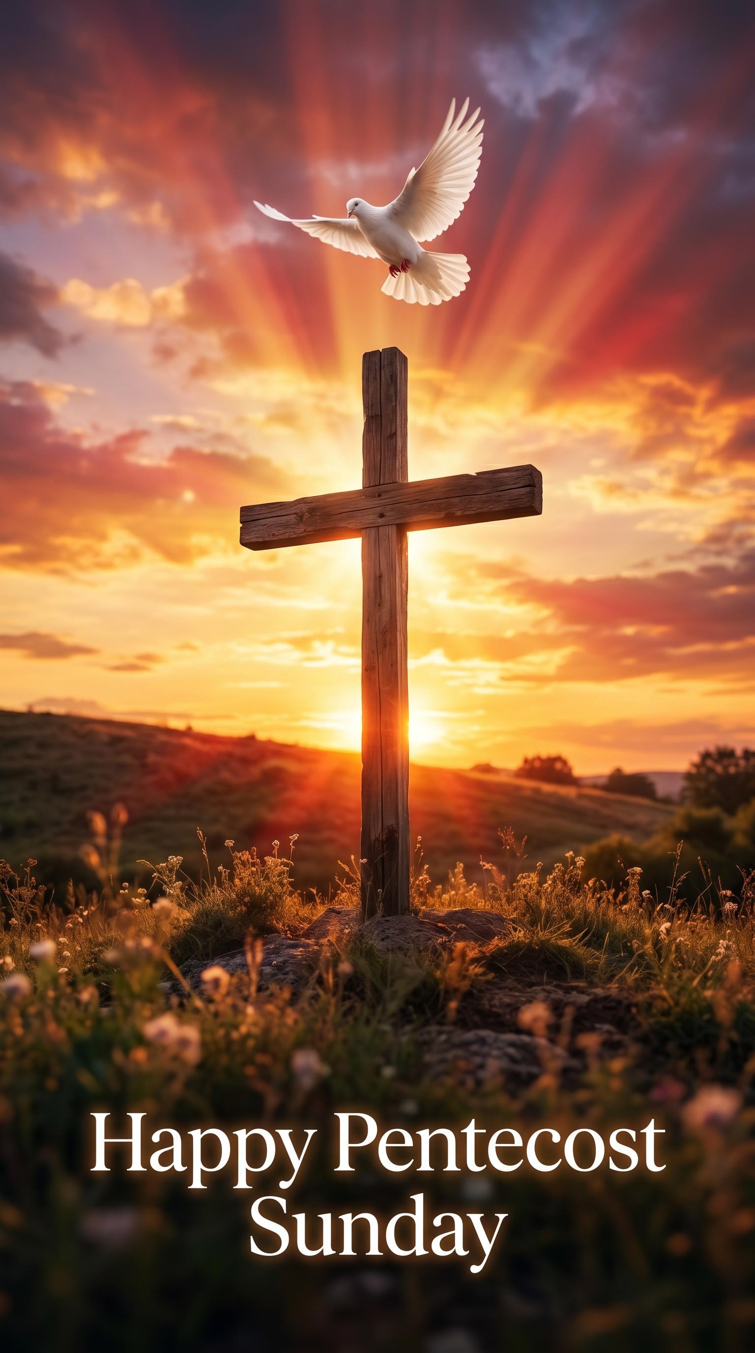 Cross with Holy Spirit dove and golden light for Pentecost Sunday, AI generated
