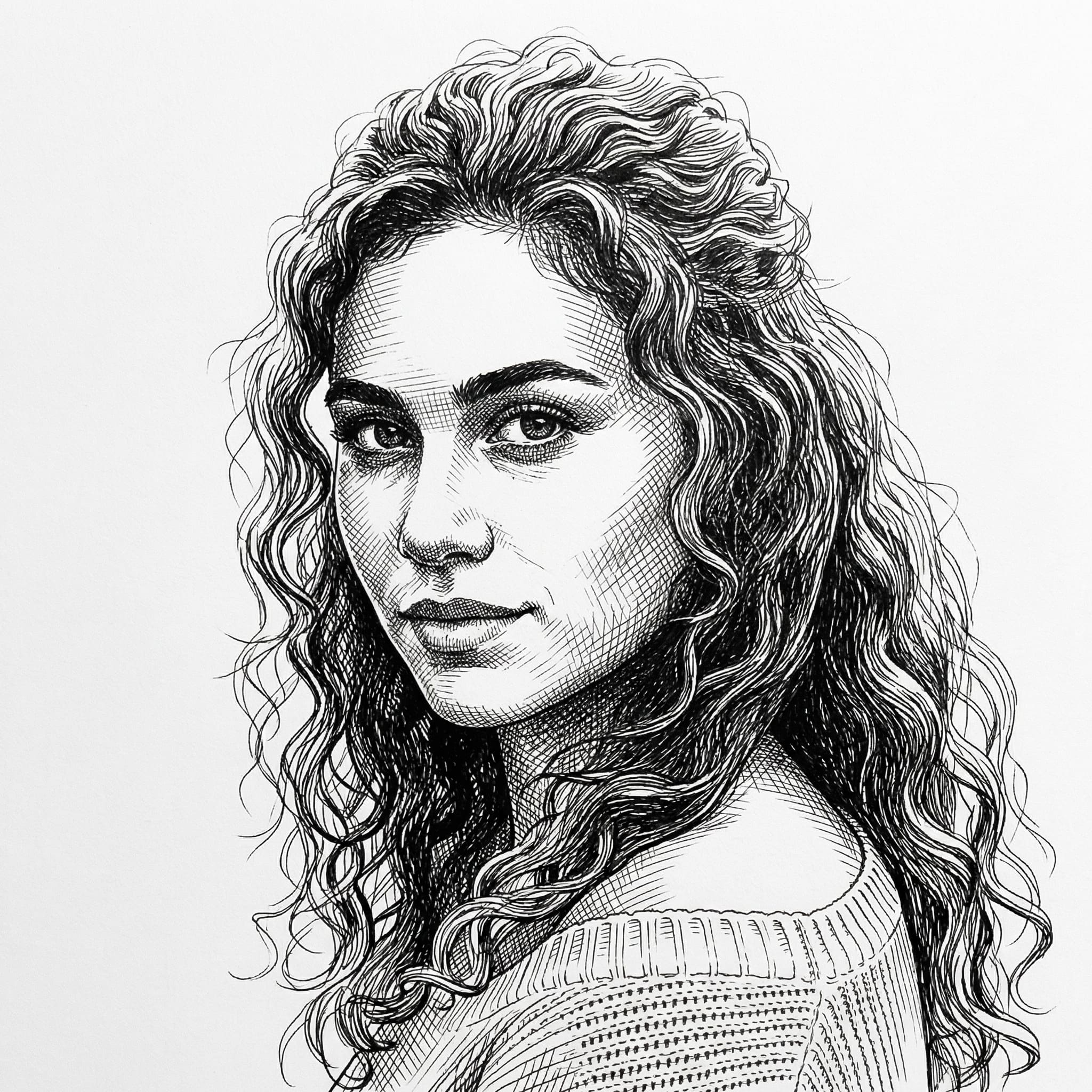 Portrait turned into ink cross-hatch line drawing