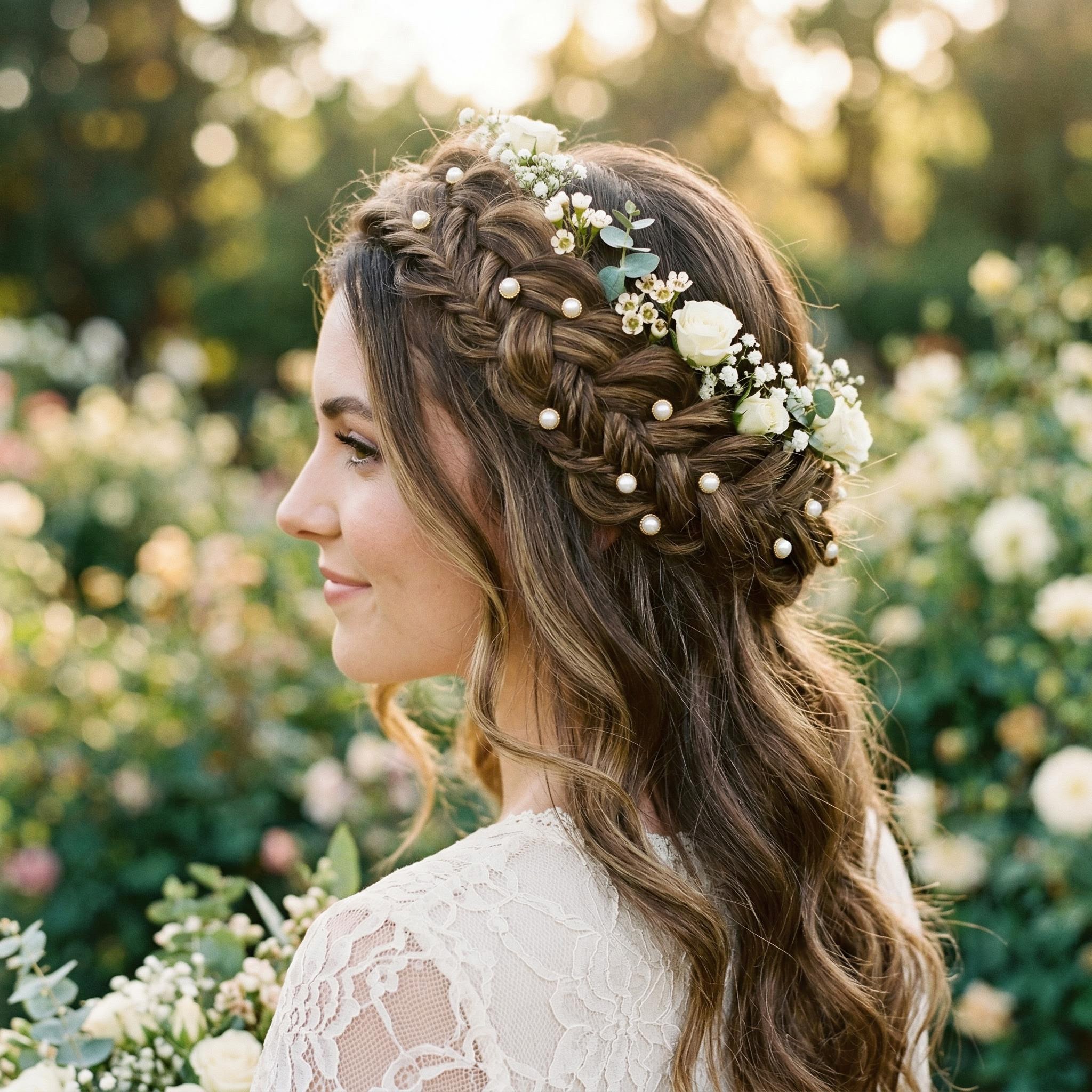 Crown braid with flowers party hairstyle