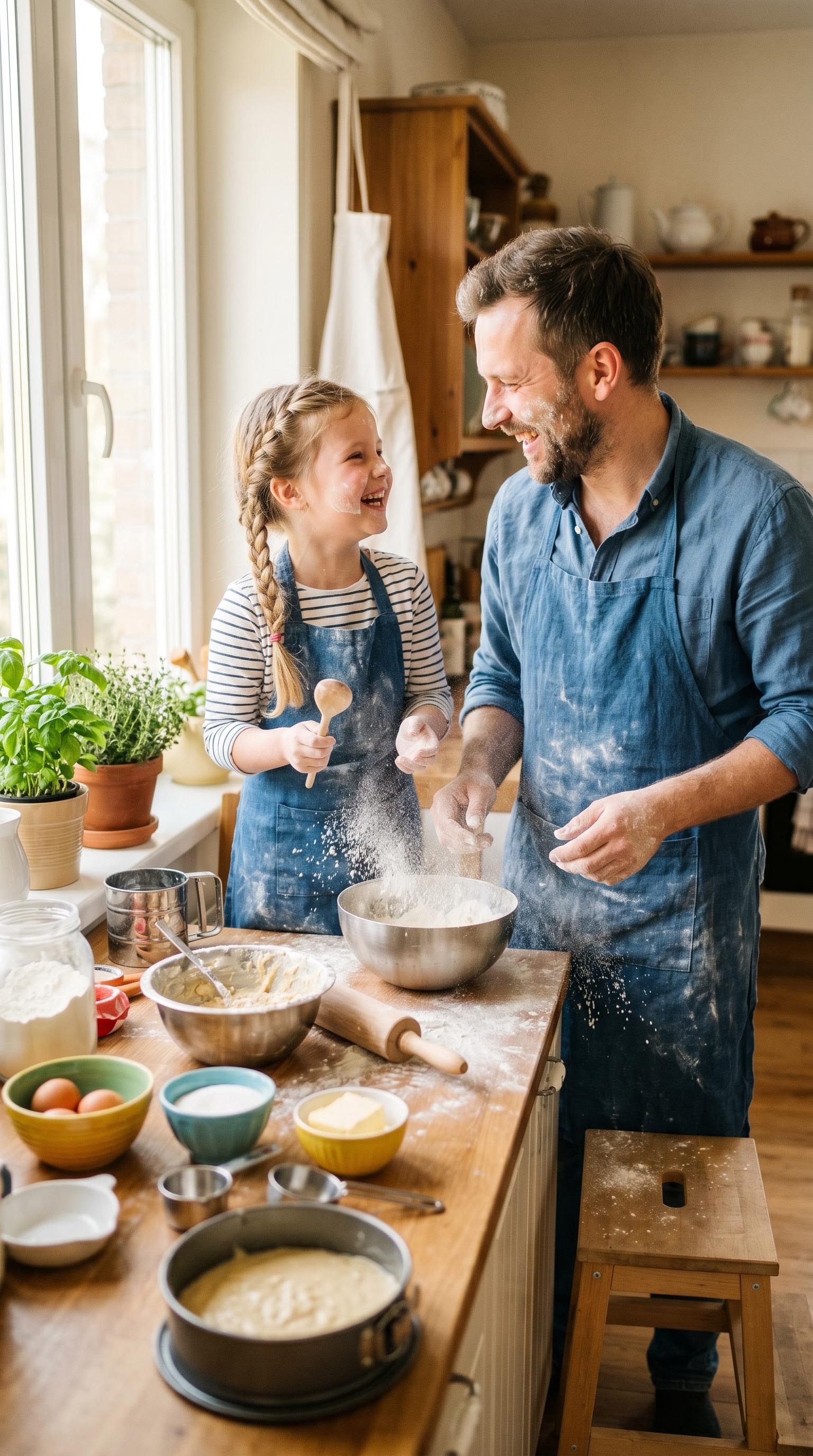 Photo lifestyle d'un père et sa fille en cuisine pour la fête des pères, générée par IA