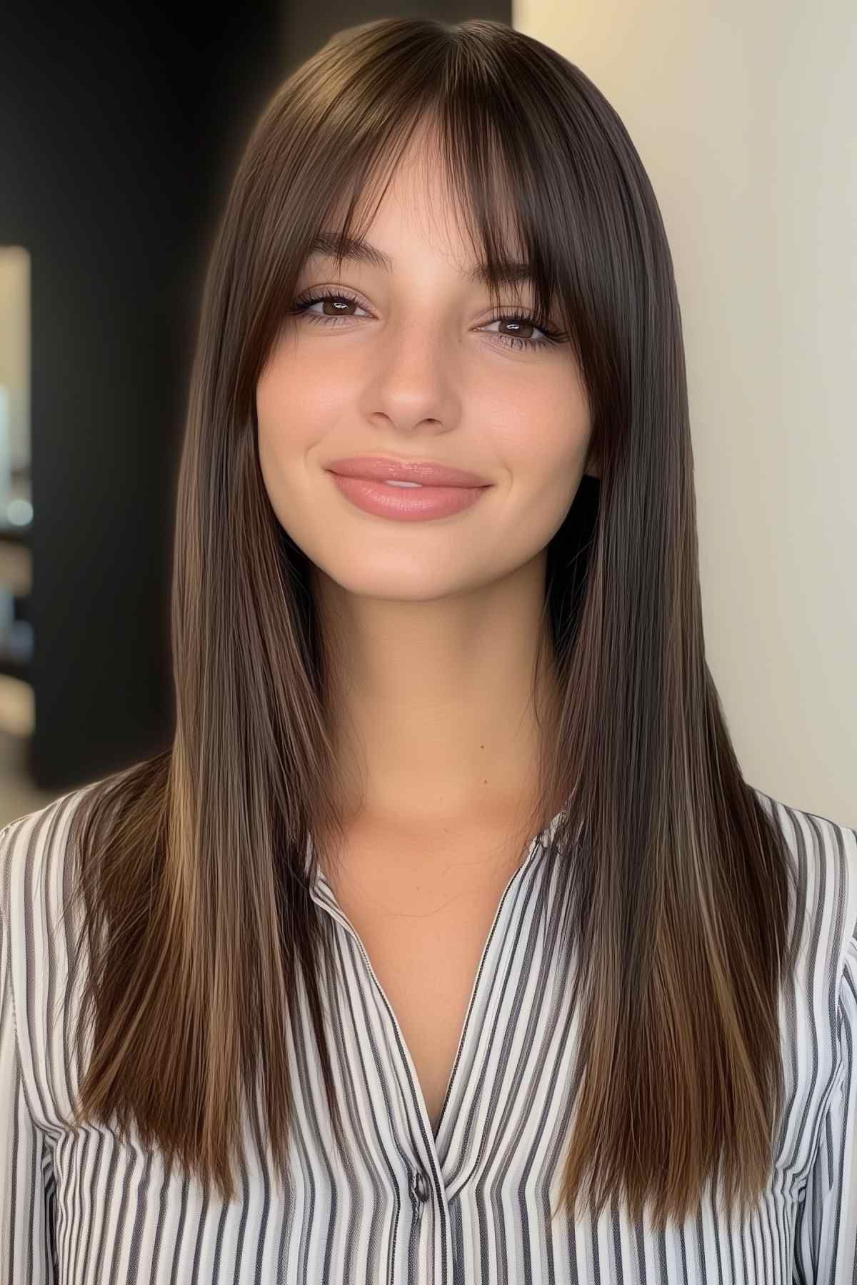 Coupe cheveux lisses avec curtain bangs frange rideau