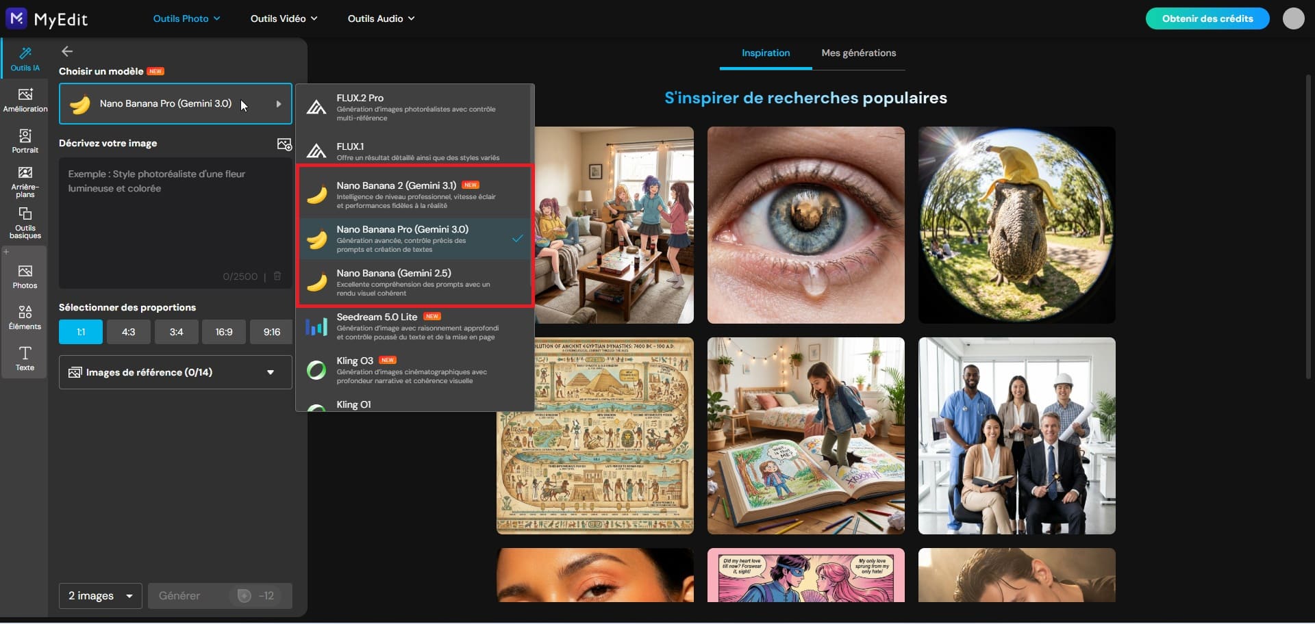 Sélectionner le modèle Nano Banana dans MyEdit