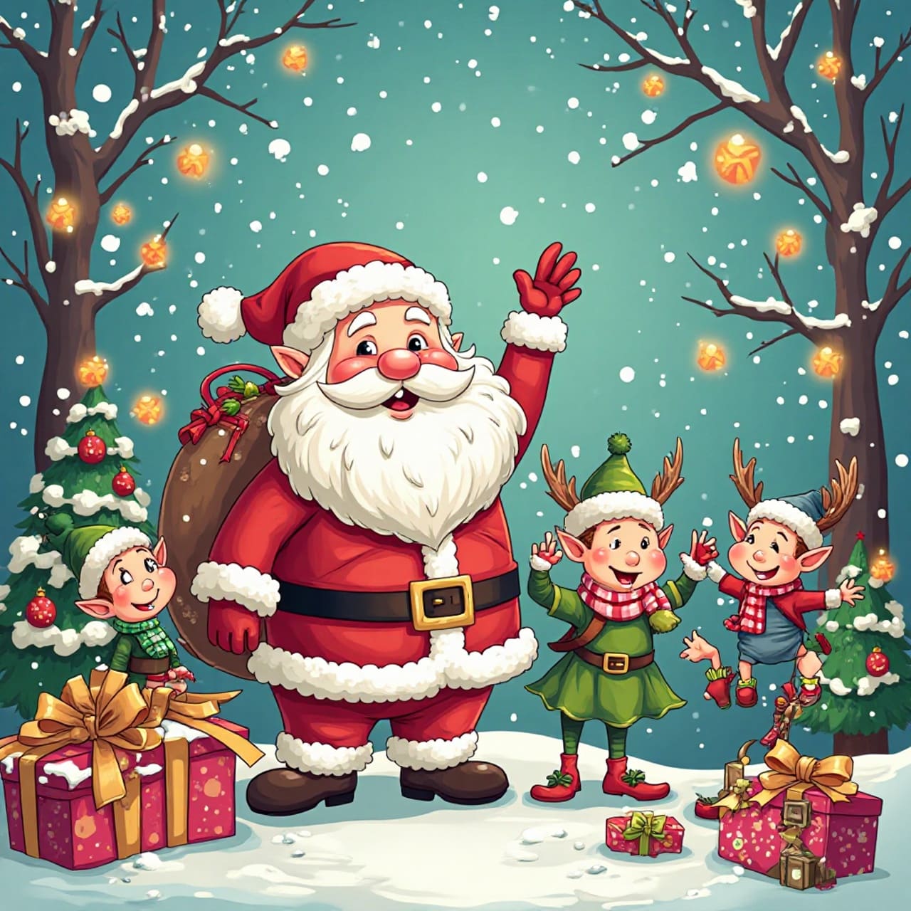 Niedliche Weihnachtsillustration mit dem Weihnachtsmann und Weihnachtswichteln