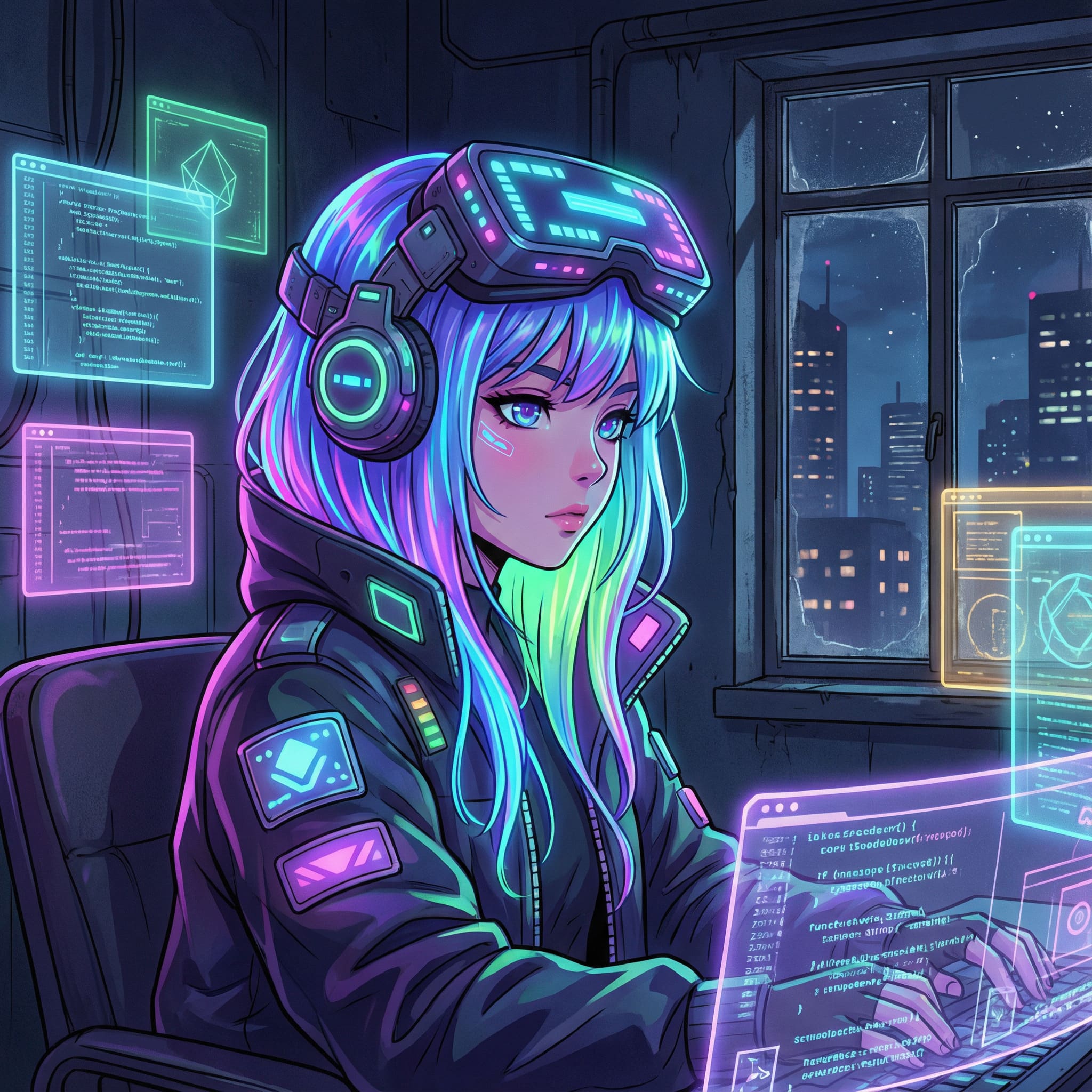 Cyberpunk hacker girl AI-generated illustration