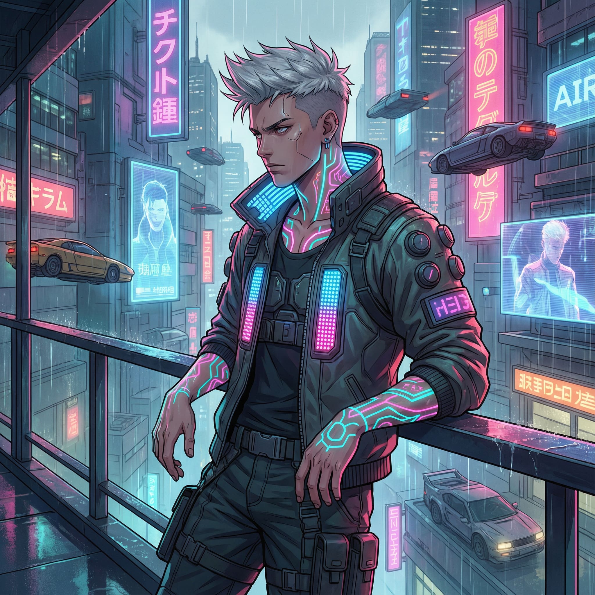 Cyberpunk male with neon tattoos AI-generated illustration