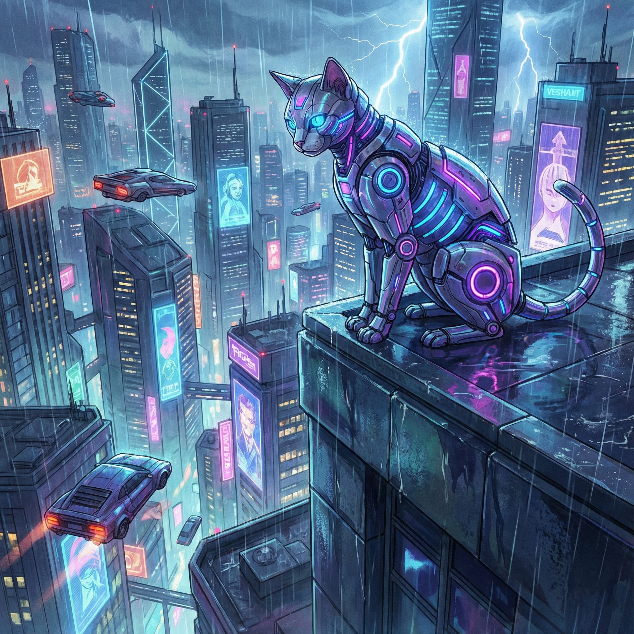 Cyberpunk robotic cat AI-generated illustration