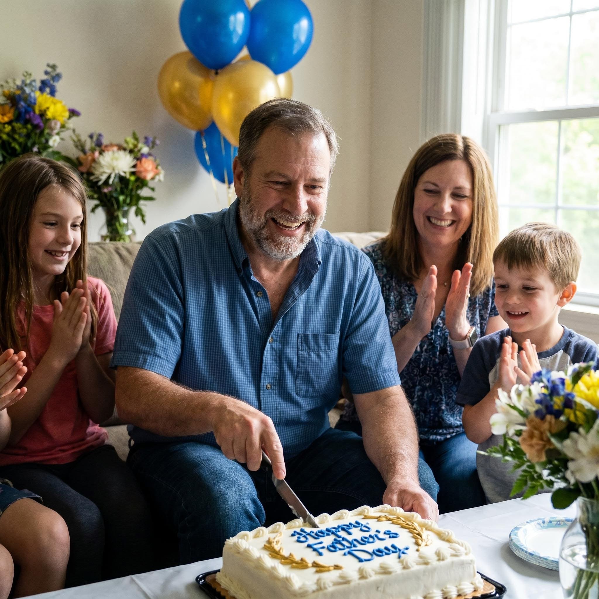 Papa soufflant les bougies de son gâteau fête des pères, créé par l'IA
