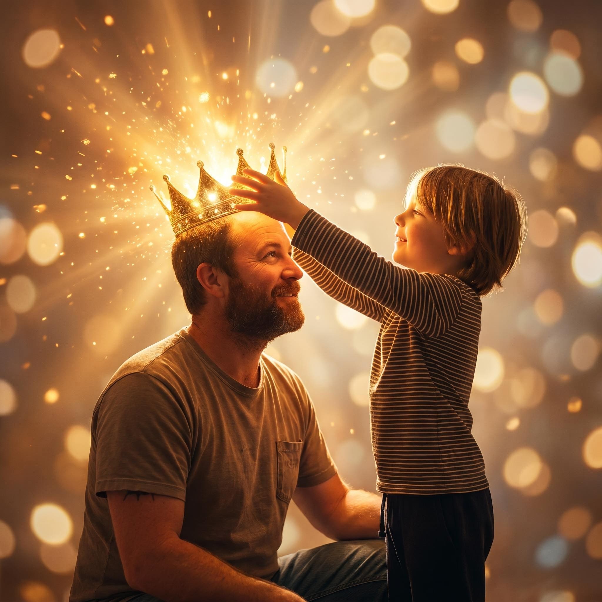 Enfant posant une couronne sur la tête de papa, créé par l'IA