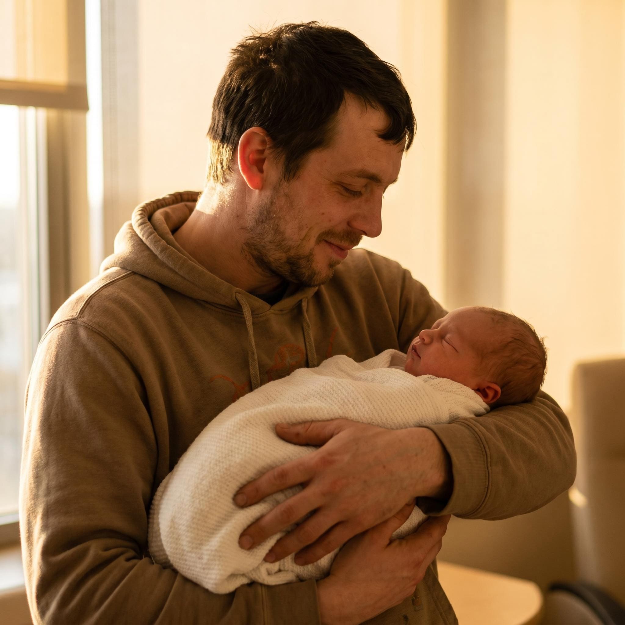 Dad holding newborn in golden hour light created with AI
