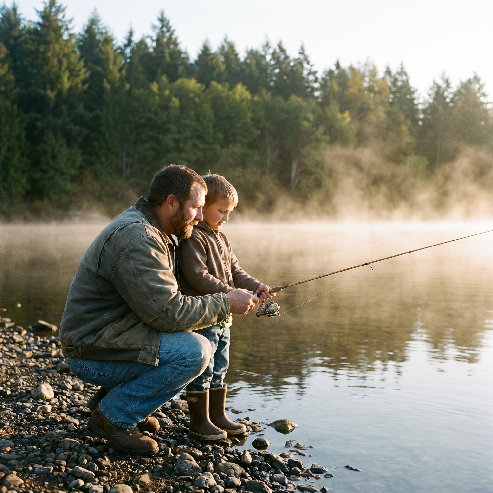Papa apprenant à pêcher à son enfant, portrait IA