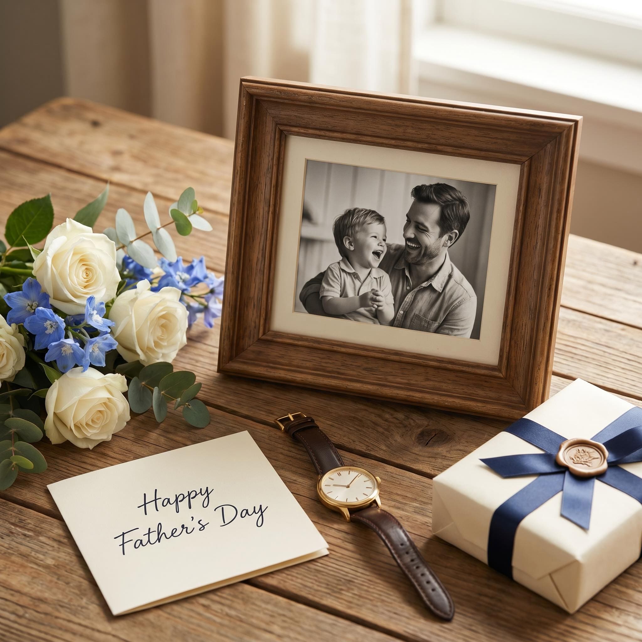 Decorated Father's Day tribute table with framed photo created with AI