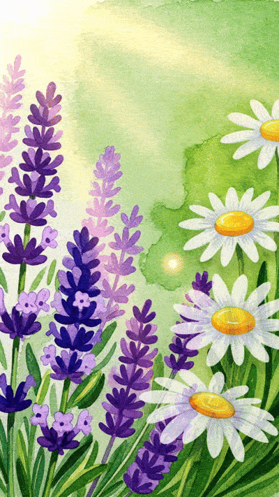 Künstlerisches Aquarell-Video zum Muttertag mit dem Schriftzug Danke, Mama, der sanft über einer Blumenwiese mit Lavendel und Gänseblümchen im Sonnenlicht eingeblendet wird.