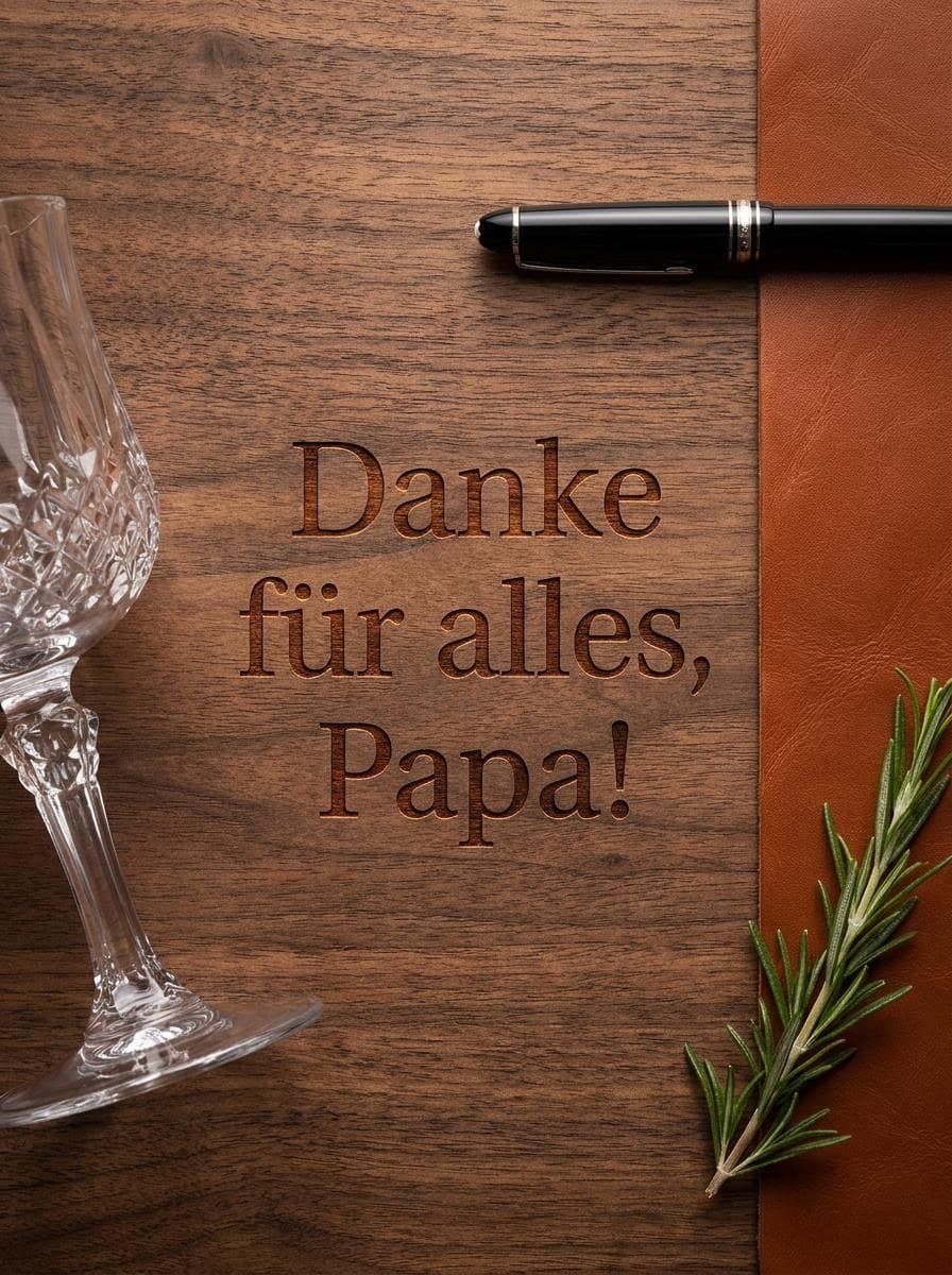 Elegantes Vatertagsbild auf einer Kombination aus Walnussholz und cognacfarbenem Leder mit einem Kristallglas, einem Füllfederhalter und dem eingravierten Text Danke für alles, Papa.