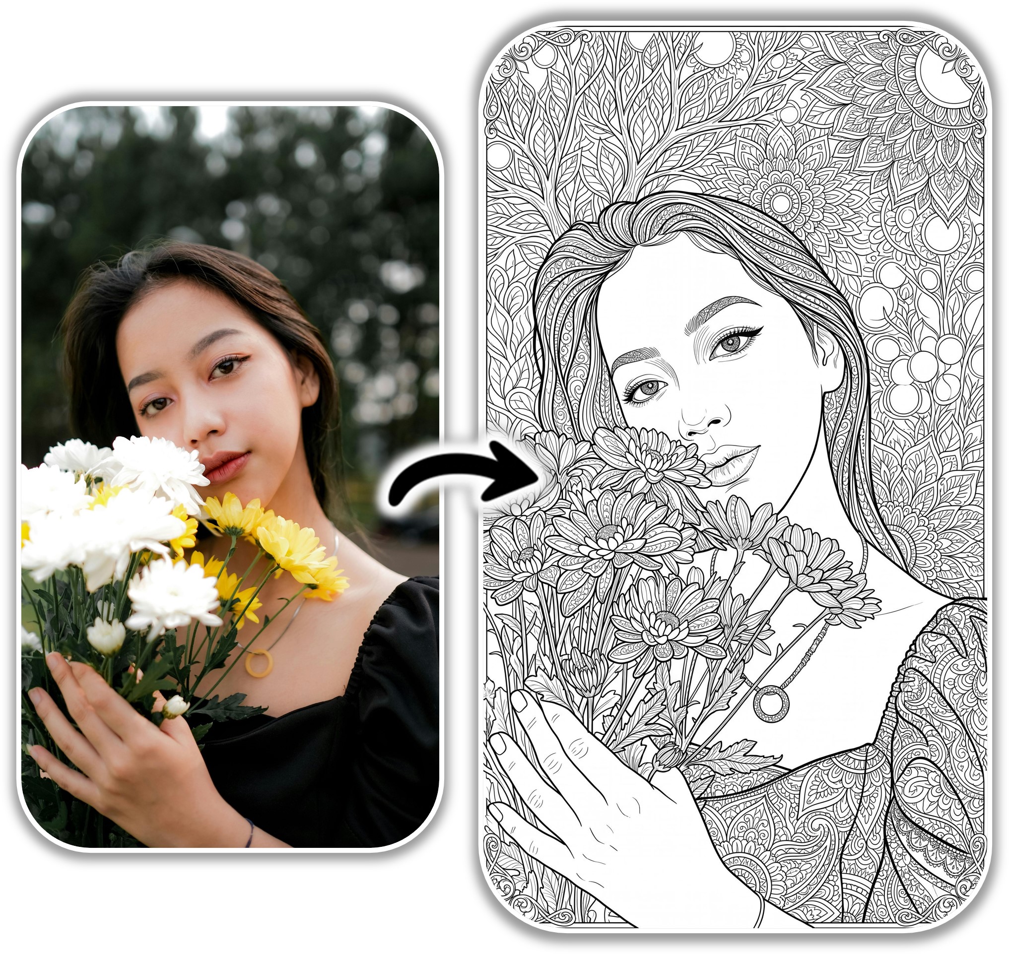 Step-by-step tutorial showing how to turn a picture into a coloring page using MyEdit AI Image Generator