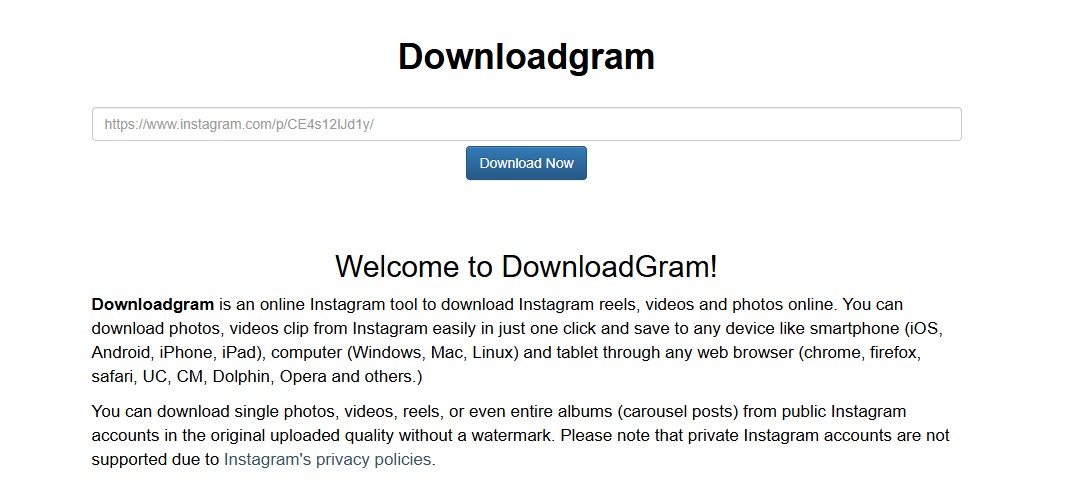 Herramienta web gratuita para descargar fotos de Instagram sin registro: campo de URL y botón de descarga