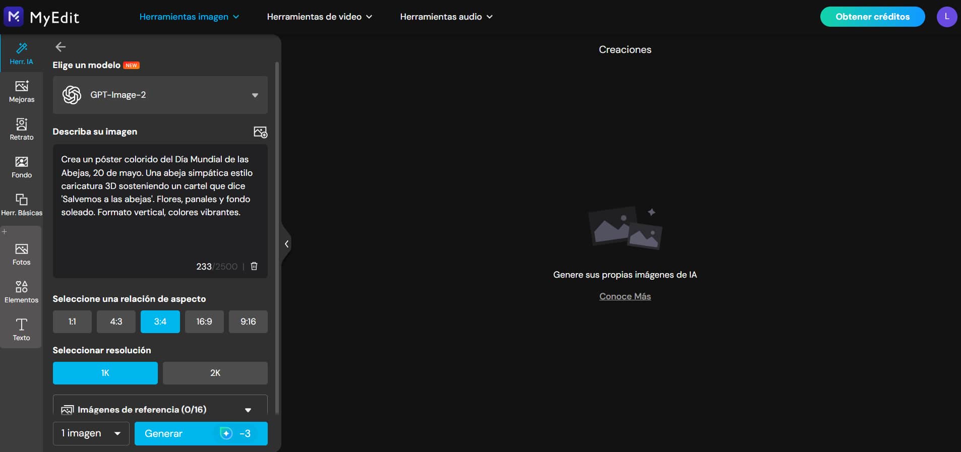 Selección de formato en el generador de imágenes de MyEdit