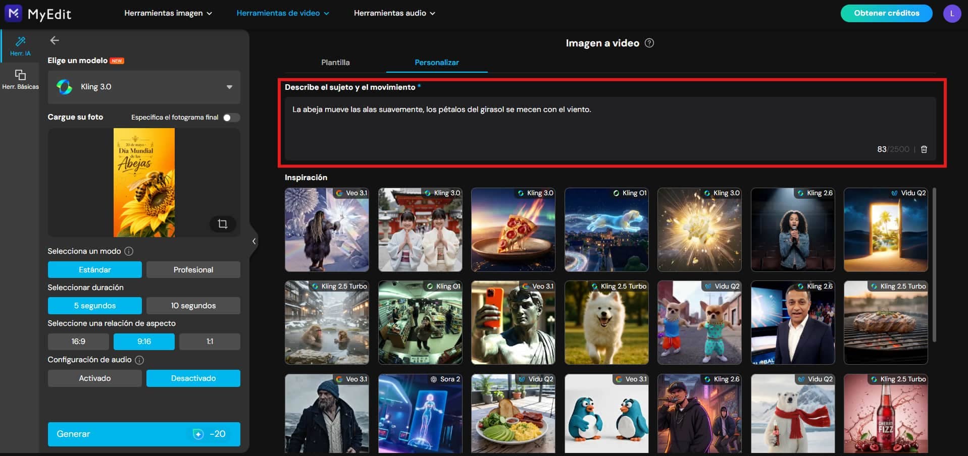 Interfaz de la herramienta Imagen a video de MyEdit