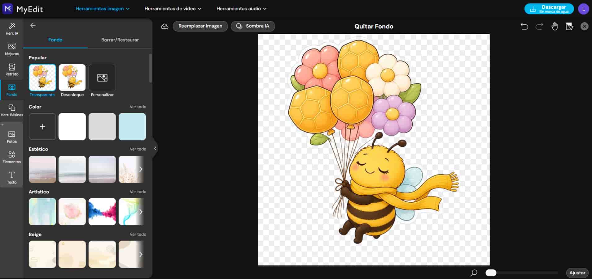 Removedor de fondo de MyEdit aplicado a un sticker de abeja