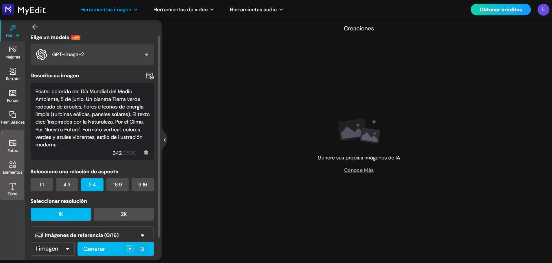 Selección de formato en el generador de imágenes de MyEdit