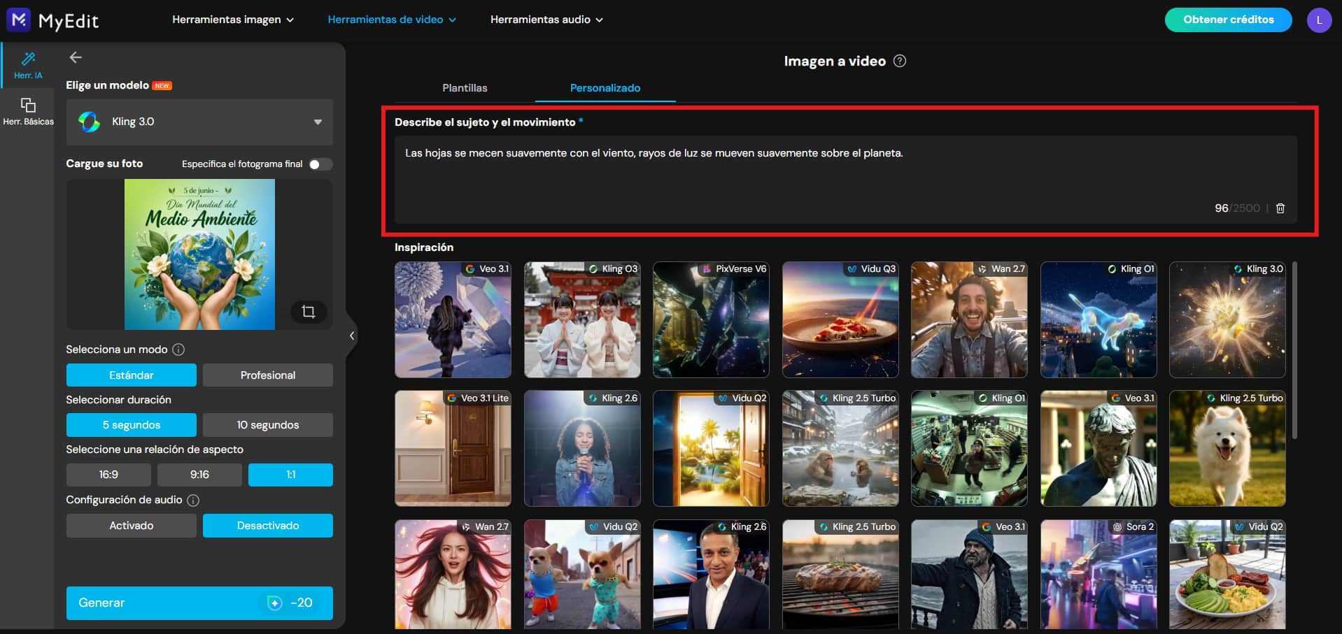 Interfaz de la herramienta Imagen a video de MyEdit