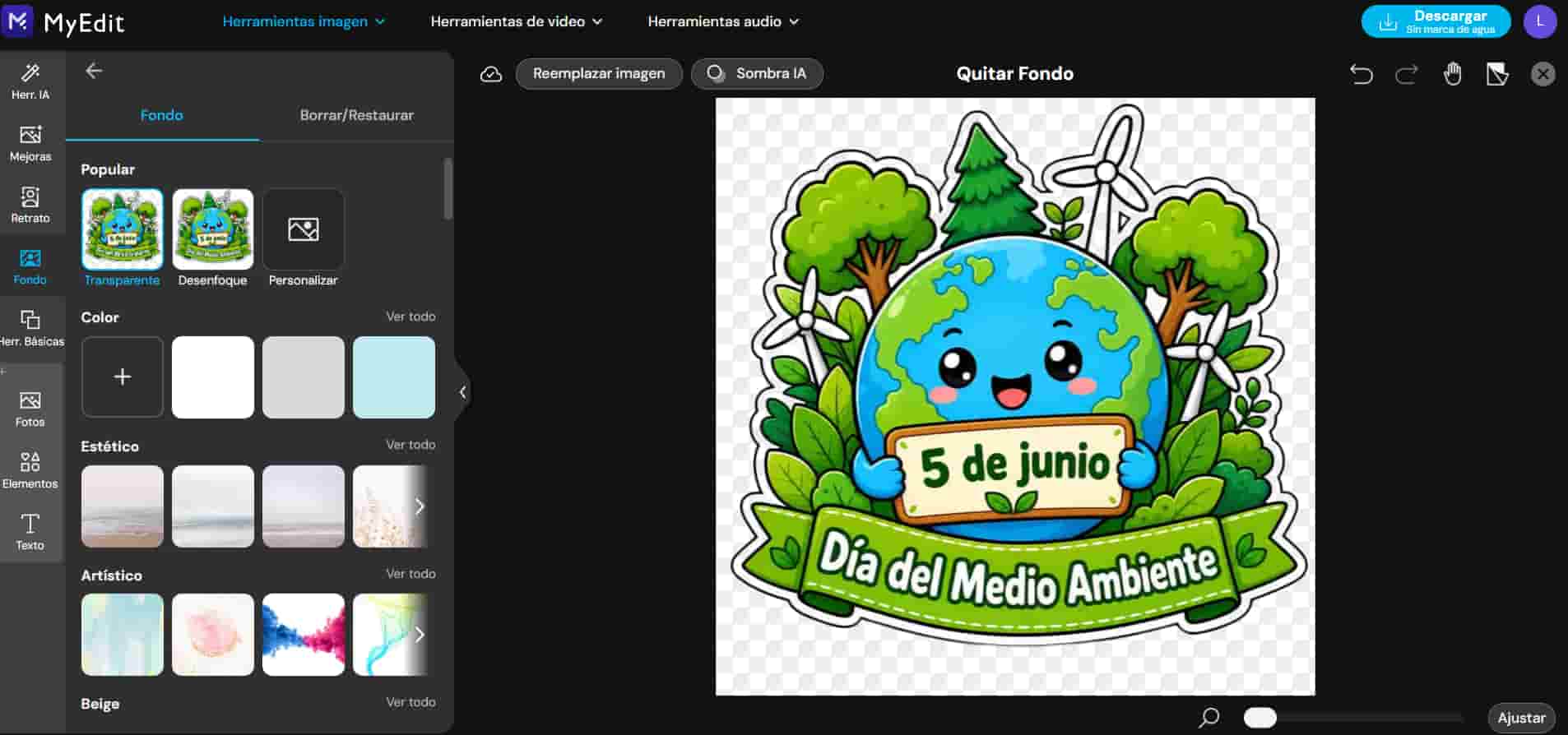Removedor de fondo de MyEdit aplicado a un sticker del Día del Medio Ambiente