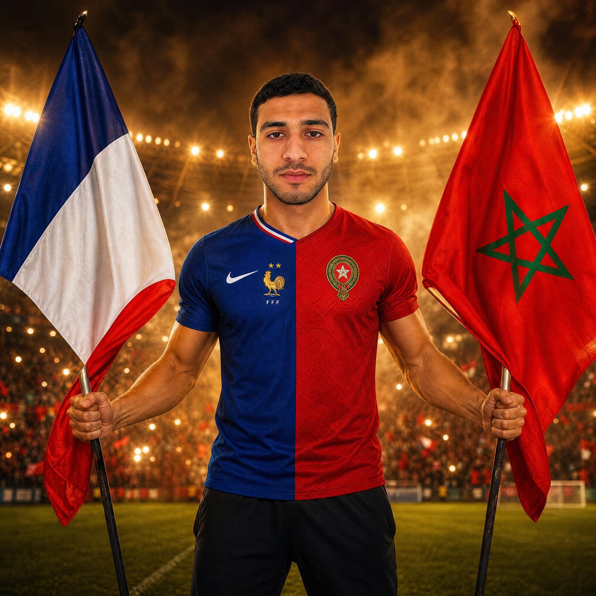 Portrait diaspora double culture France Maroc créé par l'IA pour la Coupe du Monde 2026