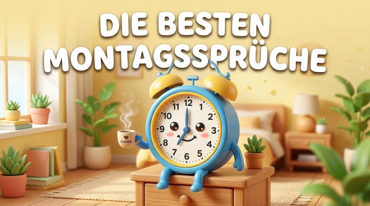 Ein freundlicher blauer Zeichentrick-Wecker sitzt mit einer Kaffeetasse auf einem Nachttisch im hellen Schlafzimmer unter dem großen Text Die besten Montagssprüche.