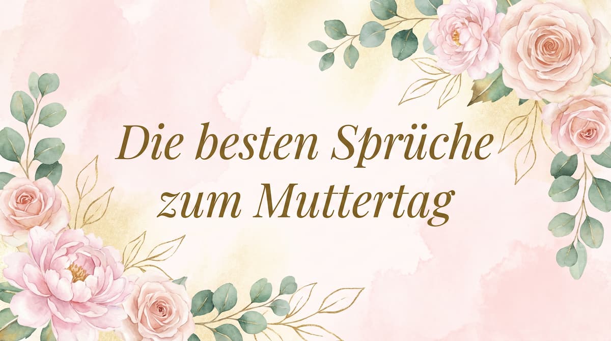 Eine zarte Aquarell-Illustration mit rosa Rosen und goldenen Blättern und dem Text Die besten Sprüche zum Muttertag in eleganter Serifenschrift.