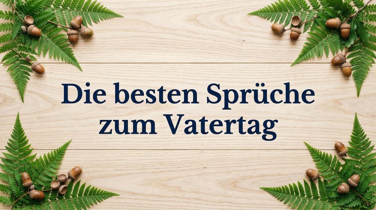 Ein von oben aufgenommenes Foto, das den zentrierten, dunkelblauen Text Die besten Sprüche zum Vatertag auf einem hellen Holzhintergrund zeigt. Die oberen und unteren Ecken sind mit Kompositionen aus frischen, grünen Farnblättern und mehreren Eicheln dekoriert.
